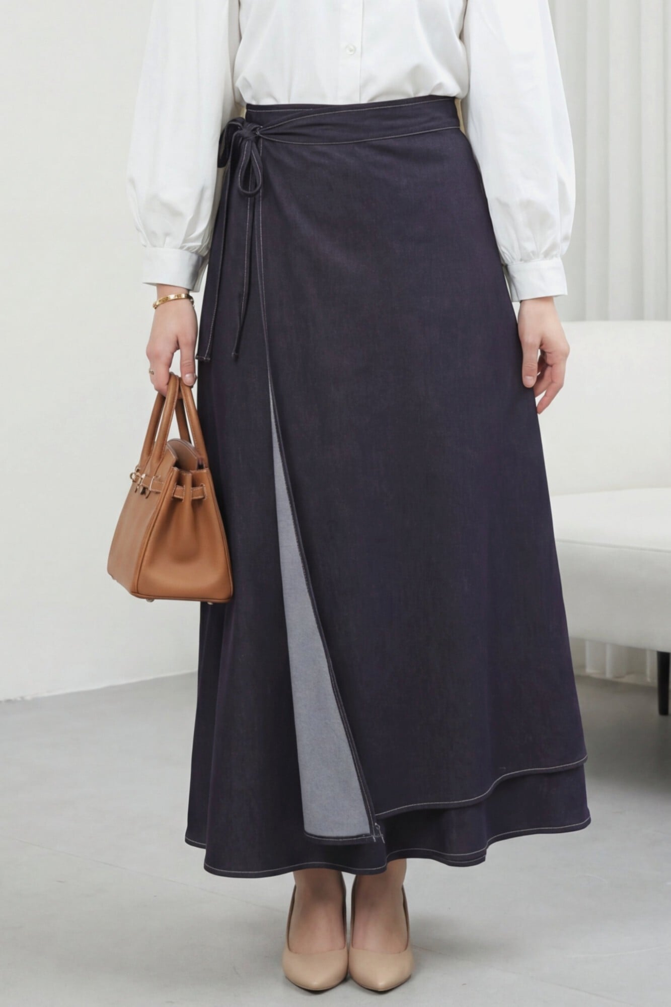 Double Layer Laced Zip Denim Skirt - Dark Purple - Podyumplus - by Peralane