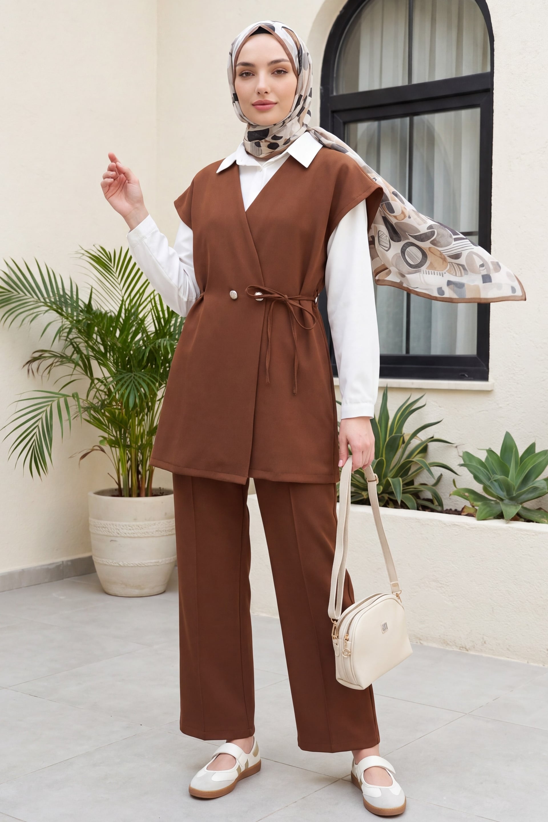 Double Crepe Button Detail Double Lace-Up Vest and Wide-Leg Trouser Co-ord Set in Tan - Podyumplus - by Peralane
