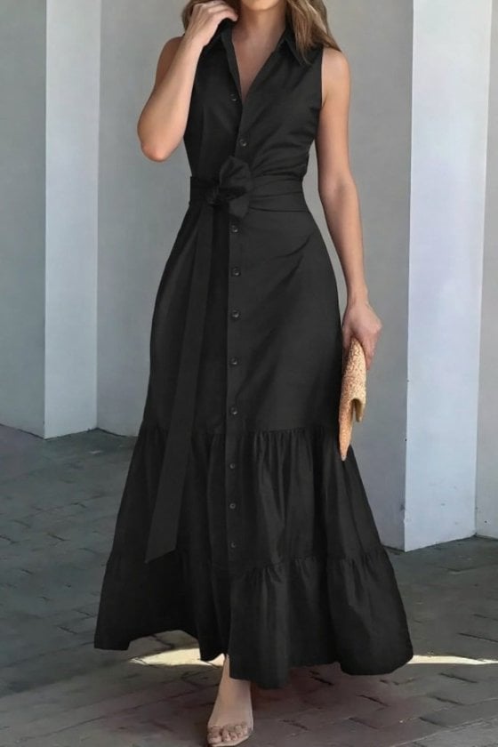 Women's Sleeveless Collared Button-Front Belted Maxi Cotton Dress - Janes - by Peralane