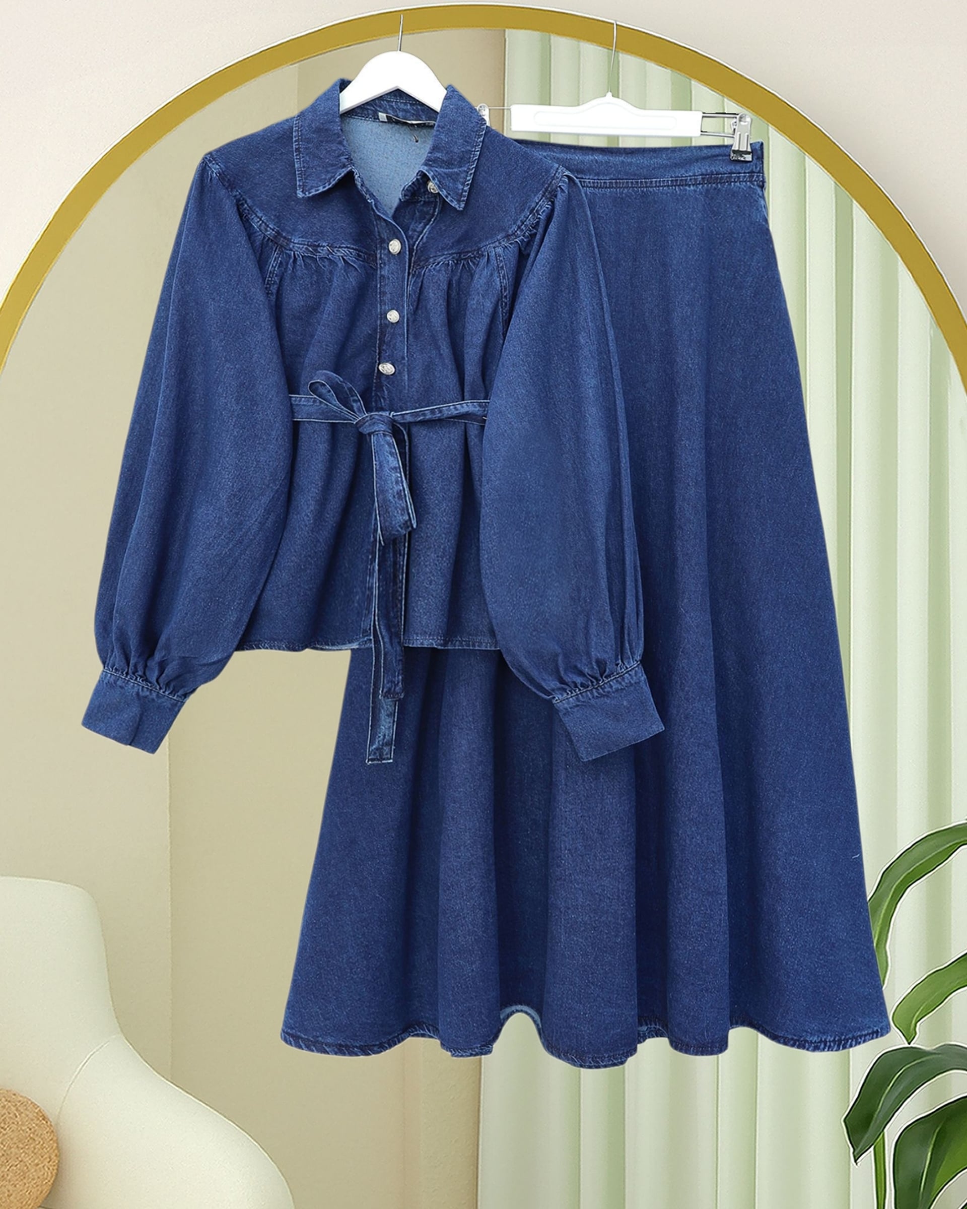Women's Denim Two-Piece Set with Belted Skirt - Dark Blue - Podyumplus - by Peralane - photo 5