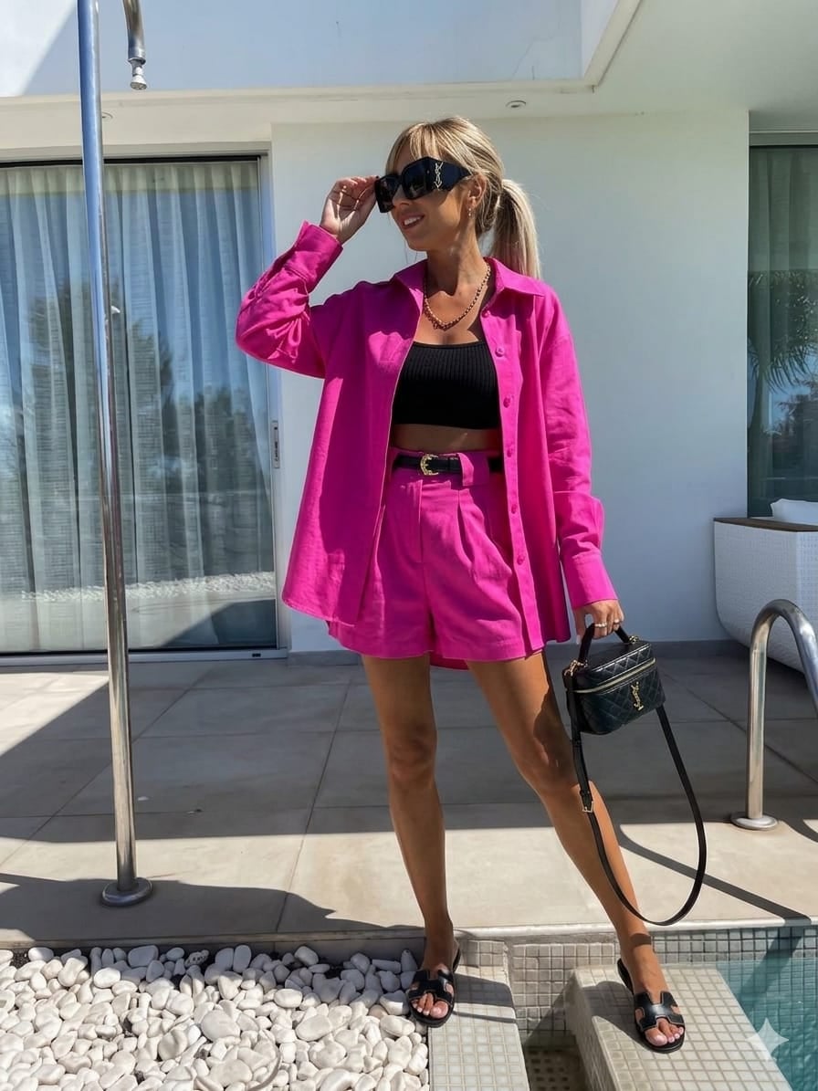 Belted Shirt and Shorts Set in Fuchsia - My Bee - by Peralane - photo 2