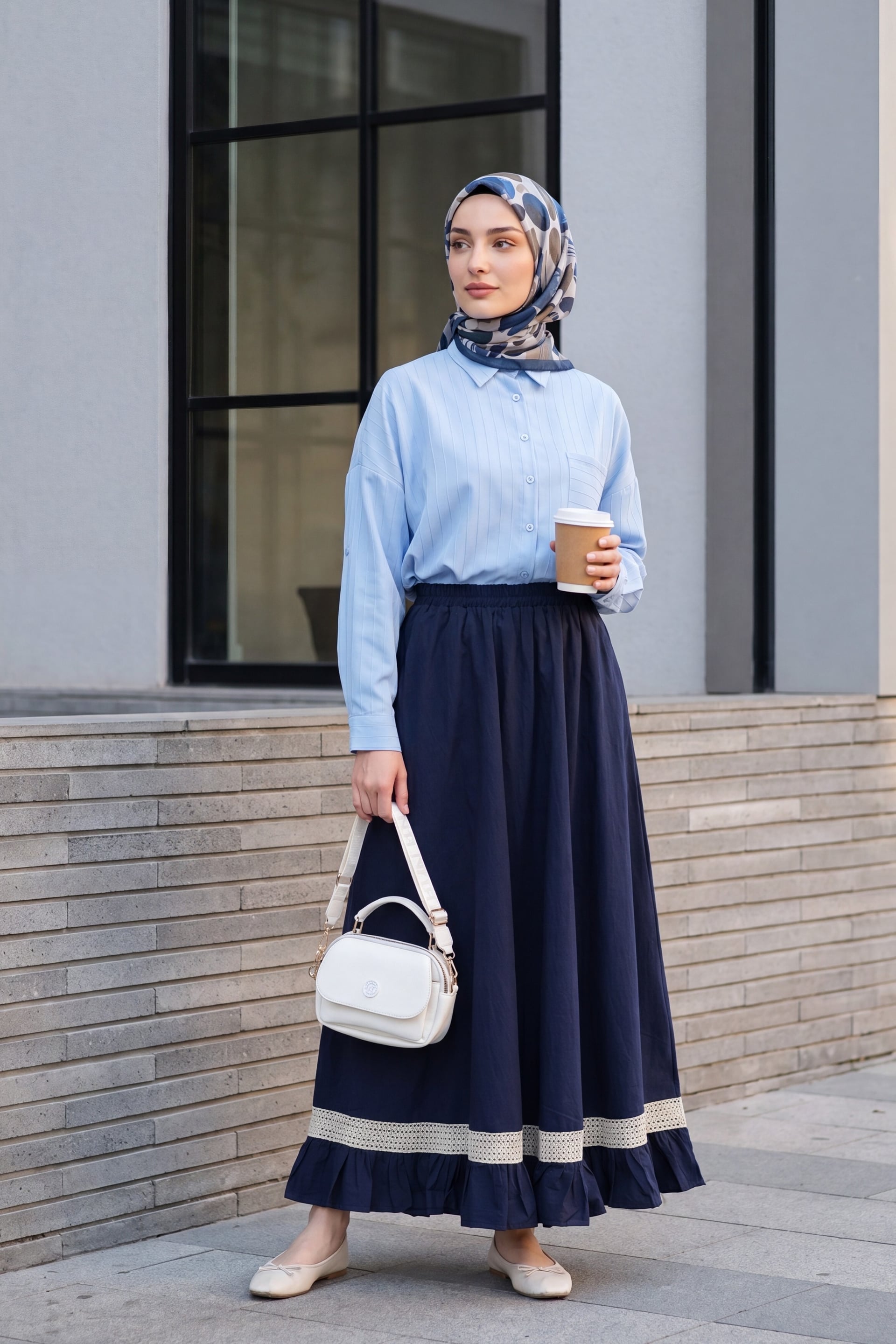 Oversize Linen-Blend Shirt with Chest Pockets and Long Back - Baby Blue - Podyumplus - by Peralane - photo 5
