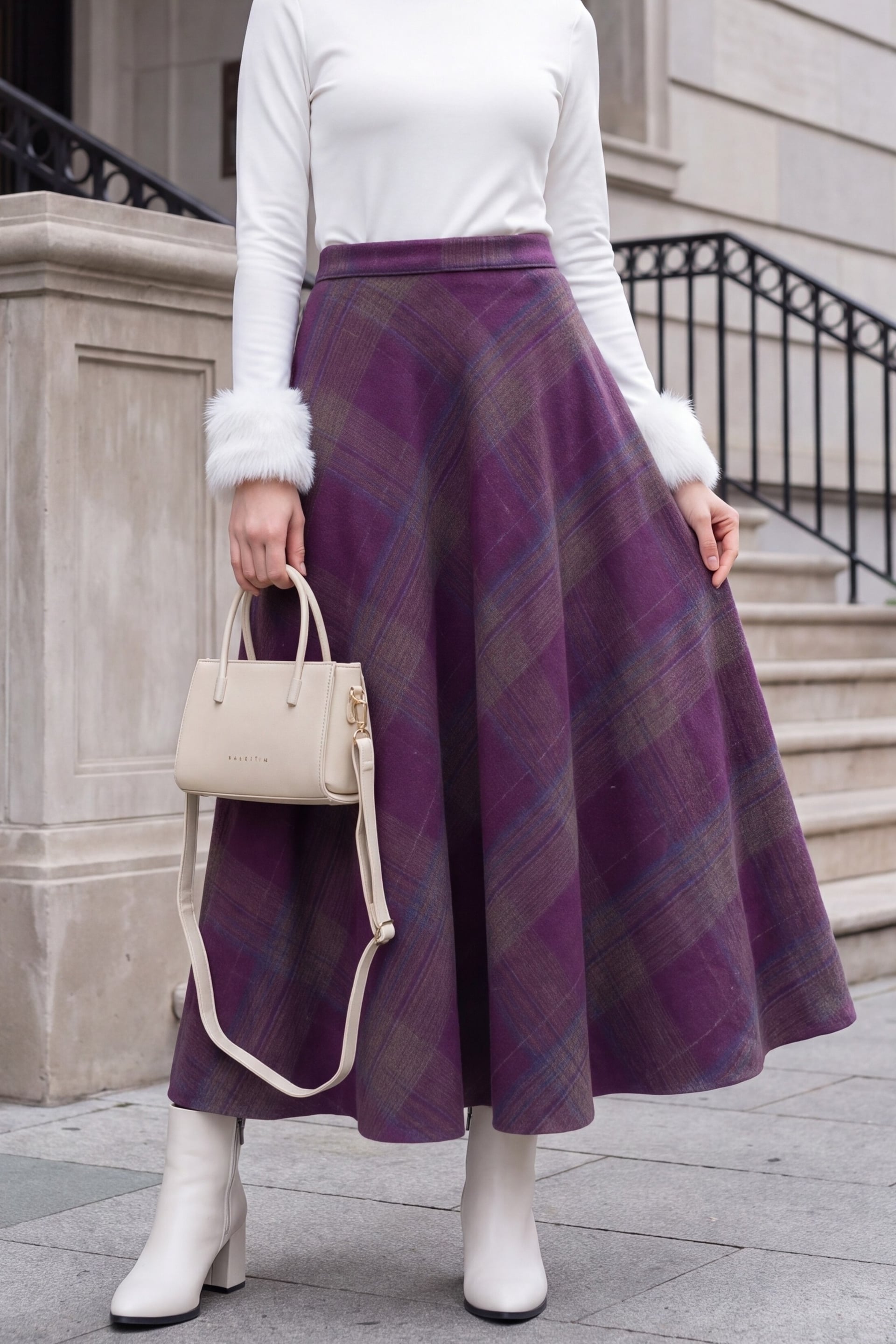 Plaid Patterned Side Zipper Flared Winter Skirt - Dark Plum - Podyumplus - by Peralane