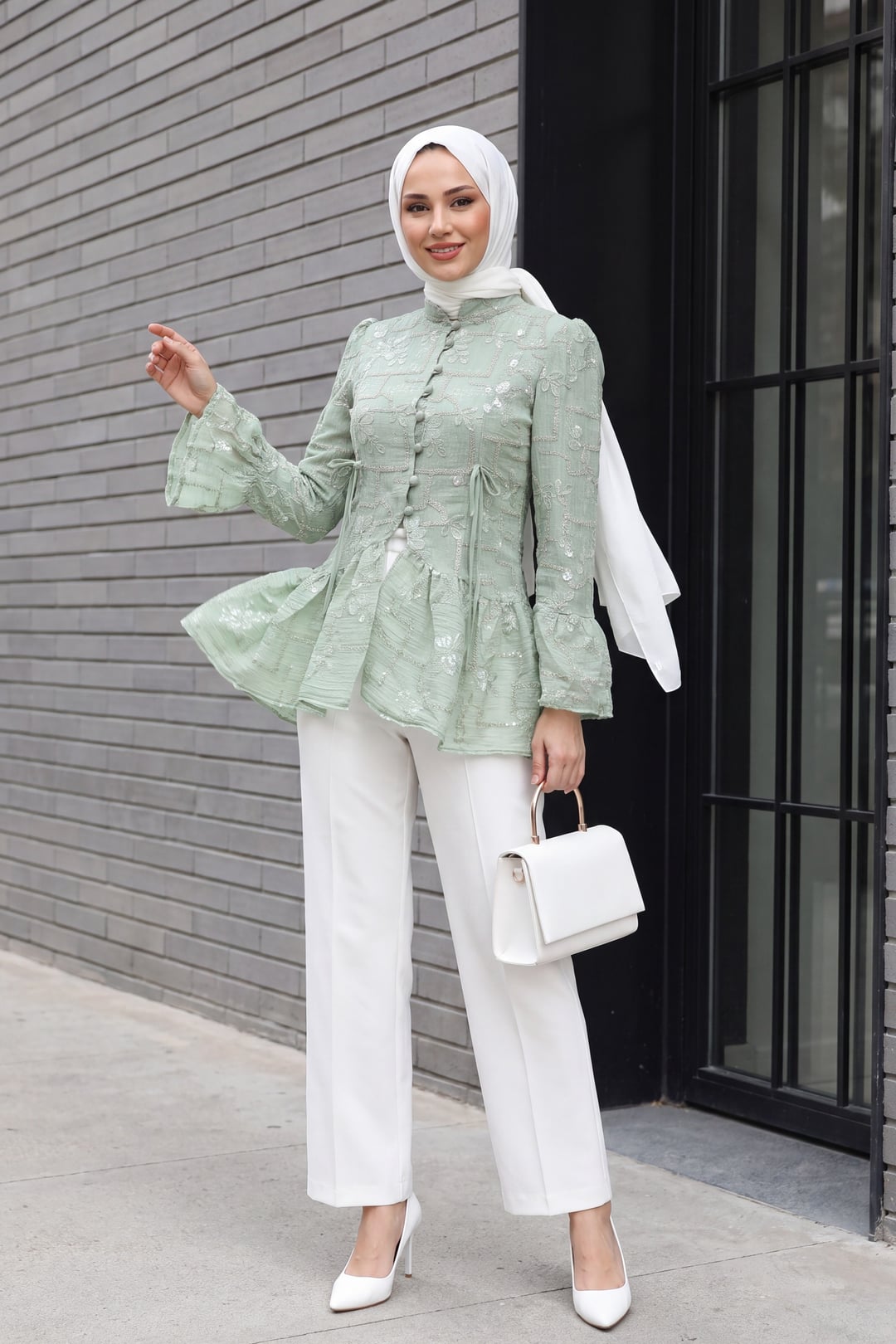 Sage Green Mandarin Collar Embroidered Tunic with Ruffle Cuffs - Podyumplus - by Peralane - photo 3