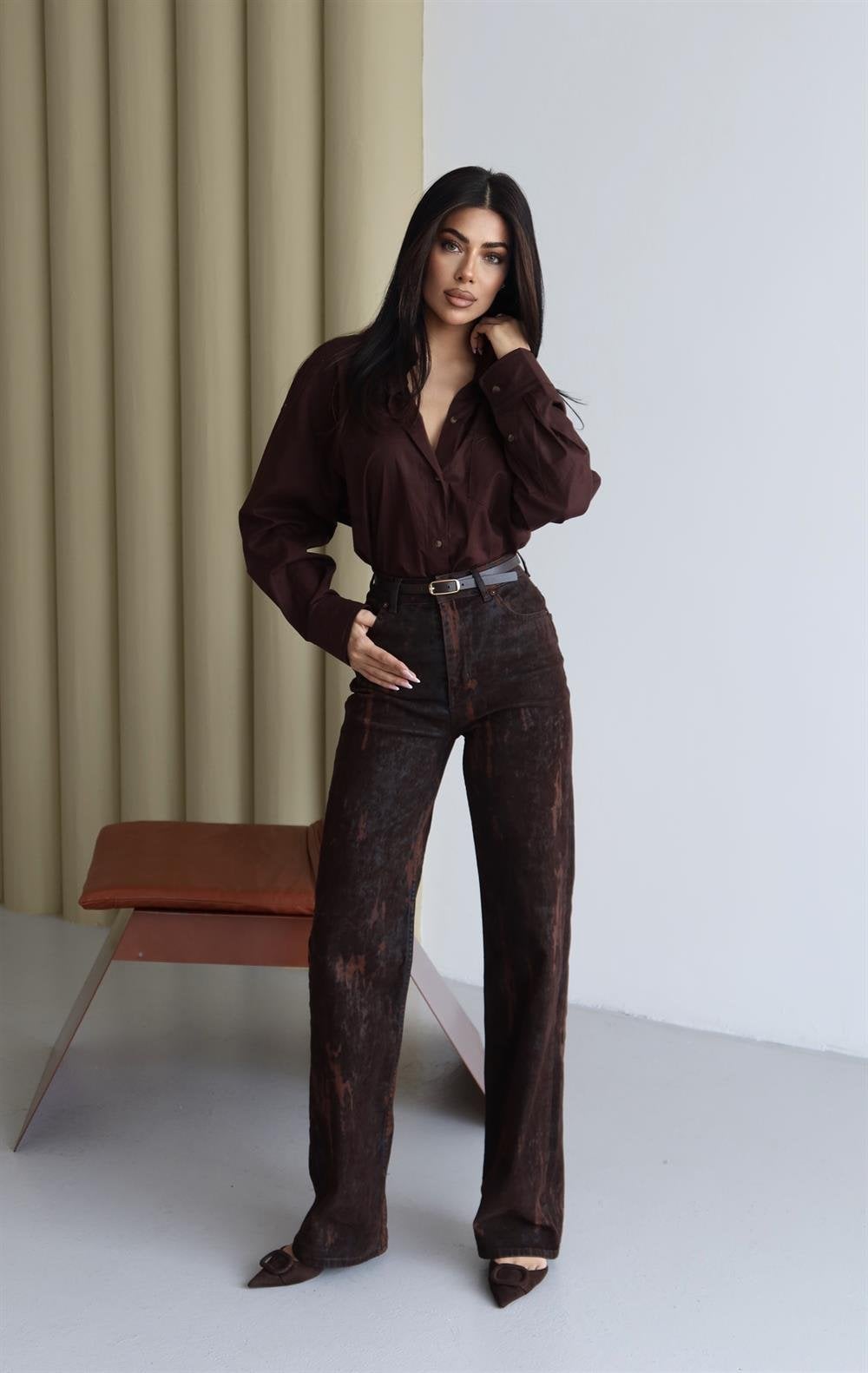 Women's High-Rise Flok Printed Brown Jeans - Lacarino Jeans - by Peralane - photo 4