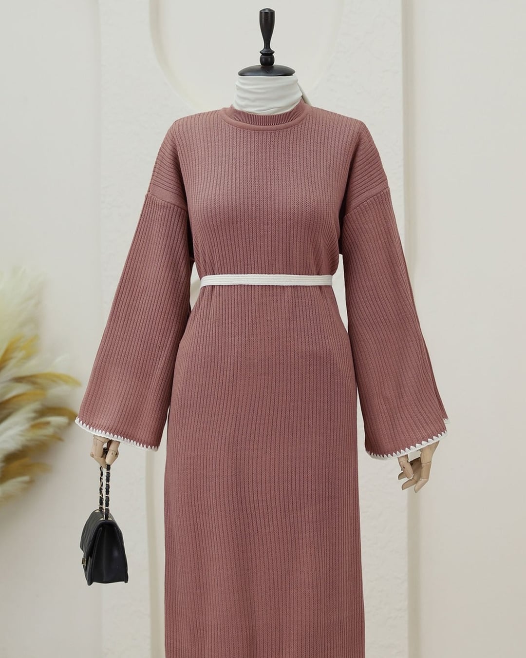 Embroidered Lace-Up Knit Dress - Dusty Rose - Podyumplus - by Peralane - photo 3