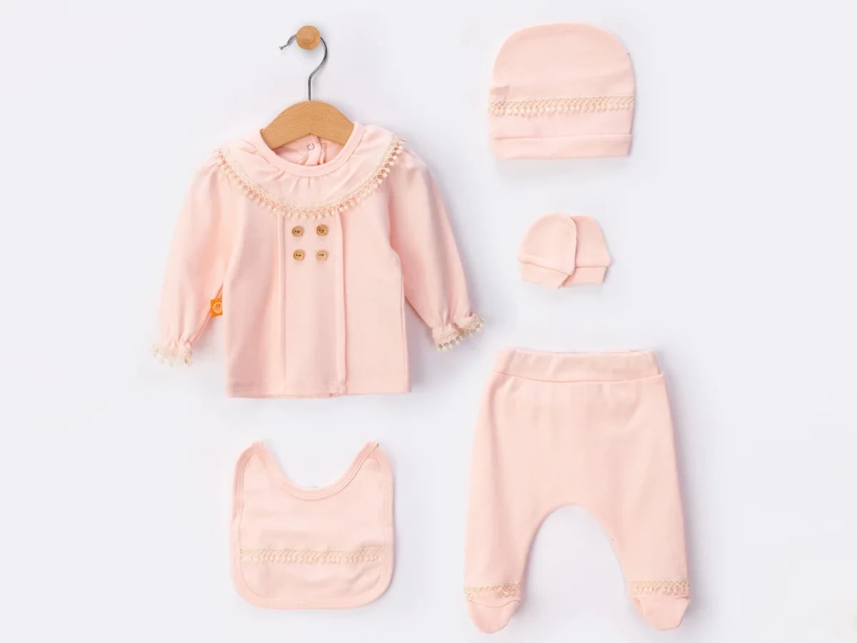 Lace Trim Newborn Baby Girl 5-Piece Set in Powder Pink - Beyaz Bebek - by Peralane