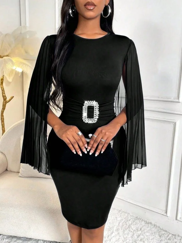 Women's Short Cape Sleeve Round Neck Buckle Crepe Dress - Janes - by Peralane - photo 4