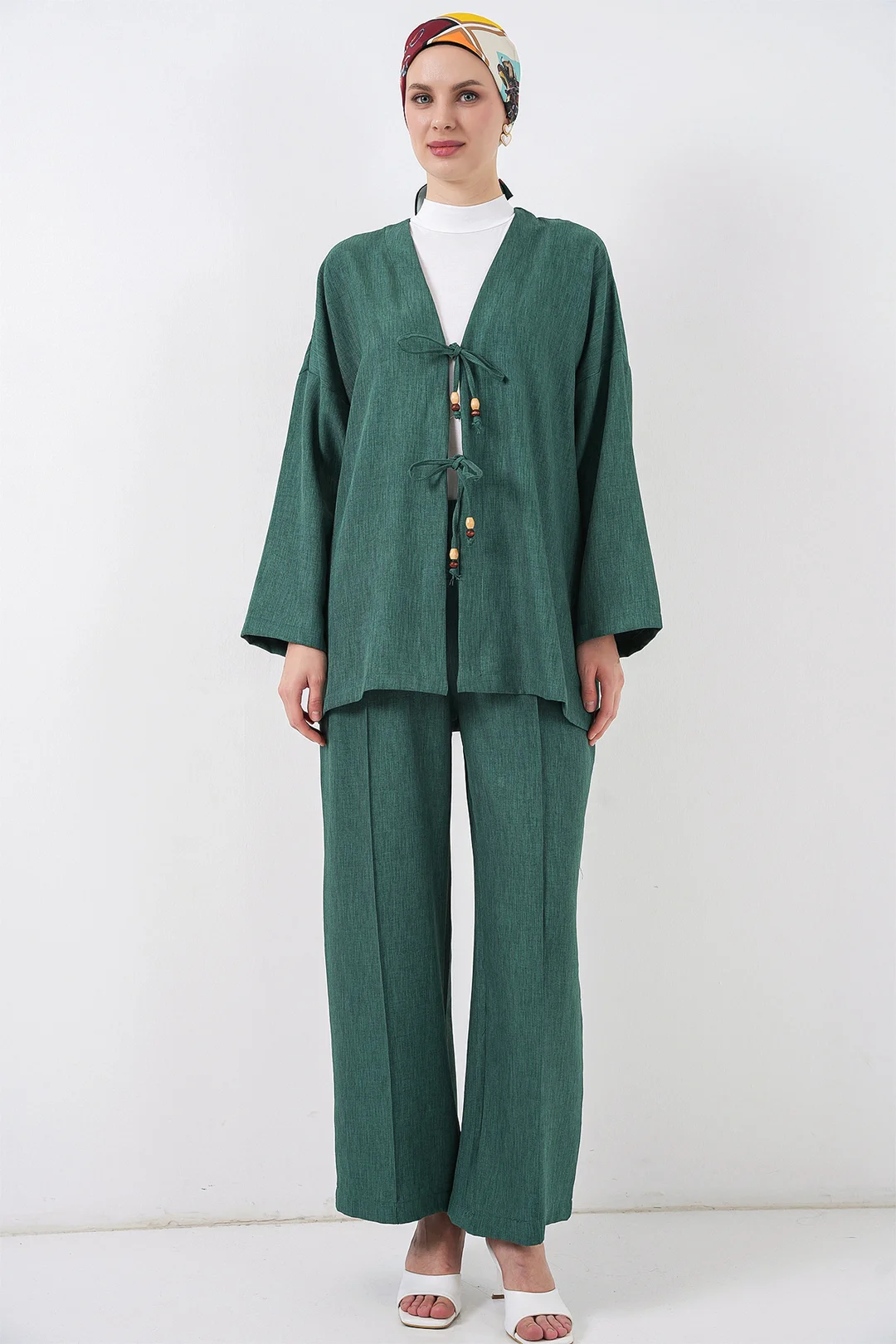 Women's Linen Kimono Two-Piece Set - Emerald Green - Bigdart - by Peralane - photo 2