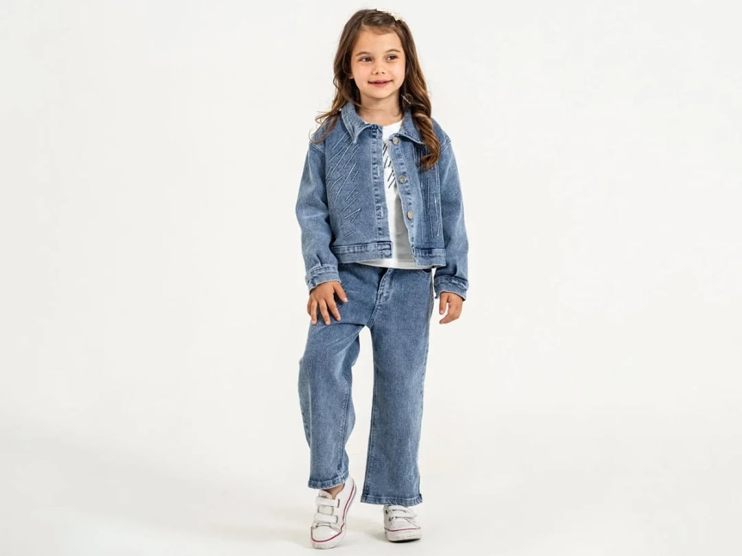 Blue Denim Girls' 3-Piece Suit with Striped Pattern and Buttoned Jacket - Pampal Kids - by Peralane