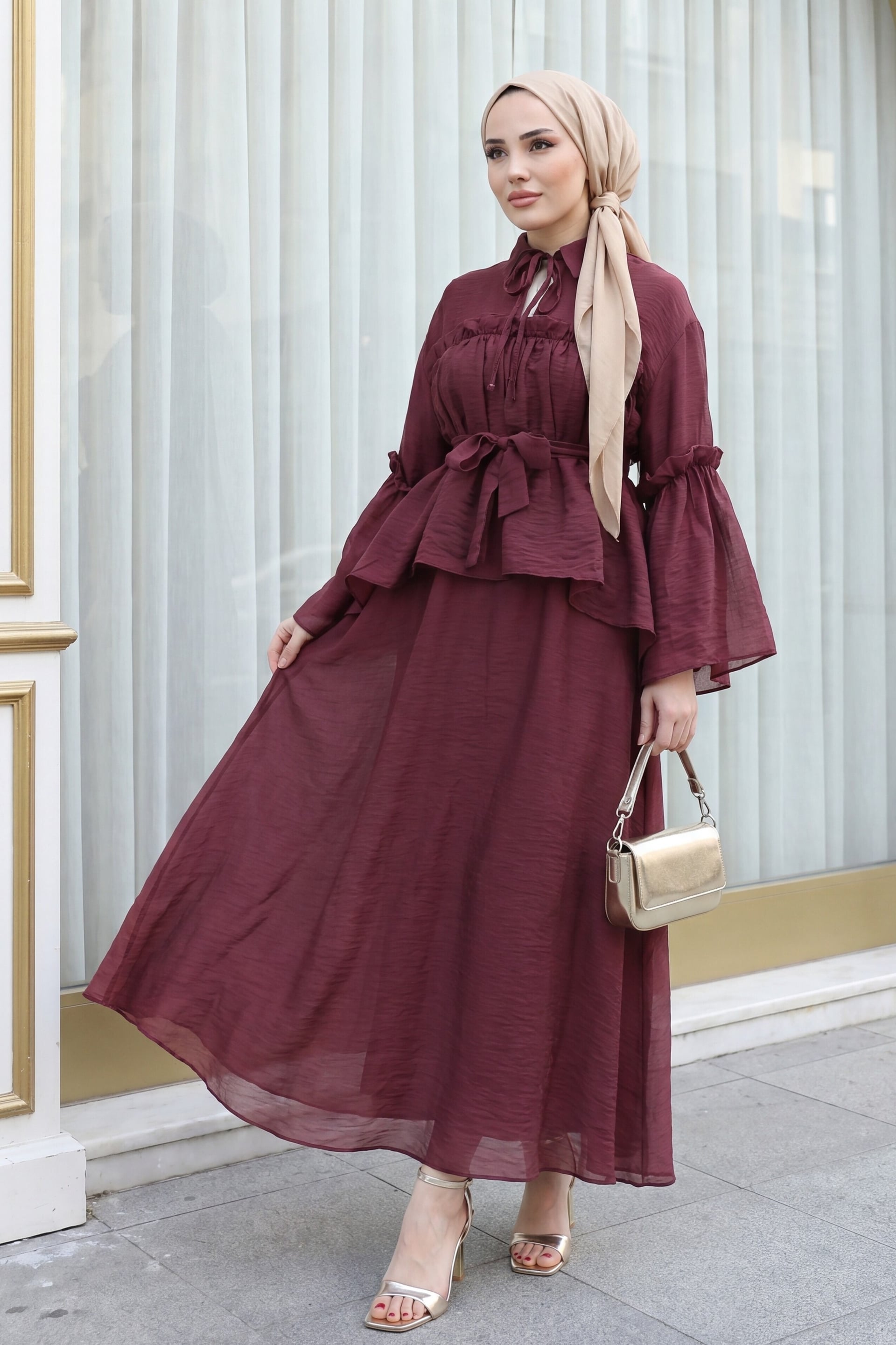 Tie-Neck Ruffled Lined Belted Tulle Voile Dress - Burgundy - Podyumplus - by Peralane - photo 3