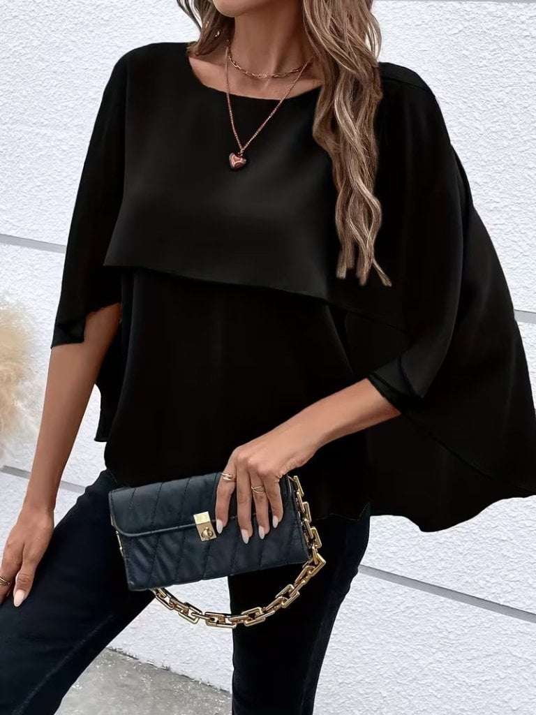 Women's Black Short-Sleeved Round Neck Wide-Cut Batwing Sleeve Blouse - Janes - by Peralane - photo 3
