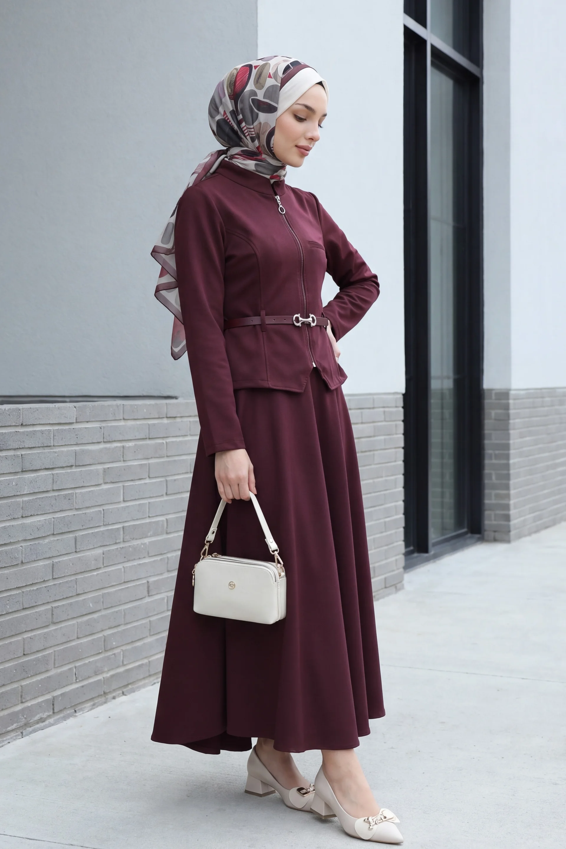 Zip-Front Pocket Detail Belted Skirt Suit Set in Burgundy - Podyumplus - by Peralane - photo 4
