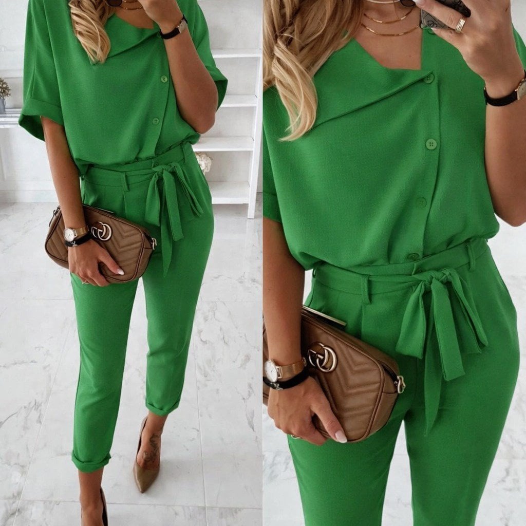 Women's Short Sleeve Collared Button-Front Crepe Blouse and Trousers Two-Piece Set - Janes - by Peralane