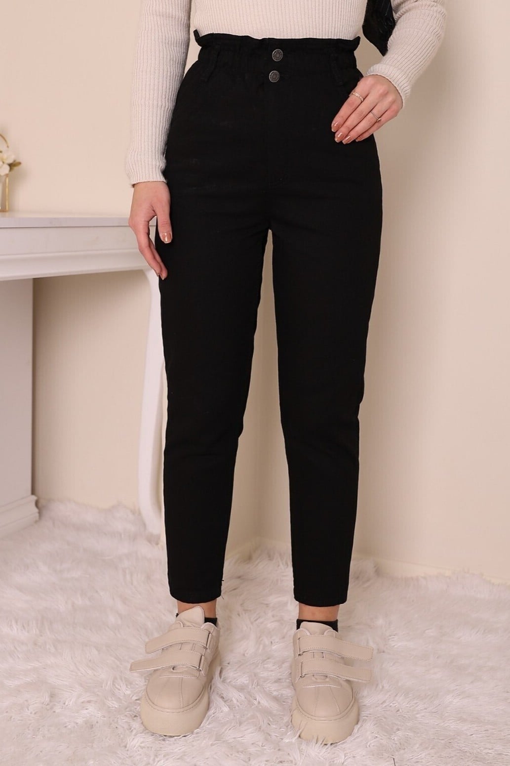 High Waist Paperbag Jeans - Black - Podyumplus - by Peralane - photo 3