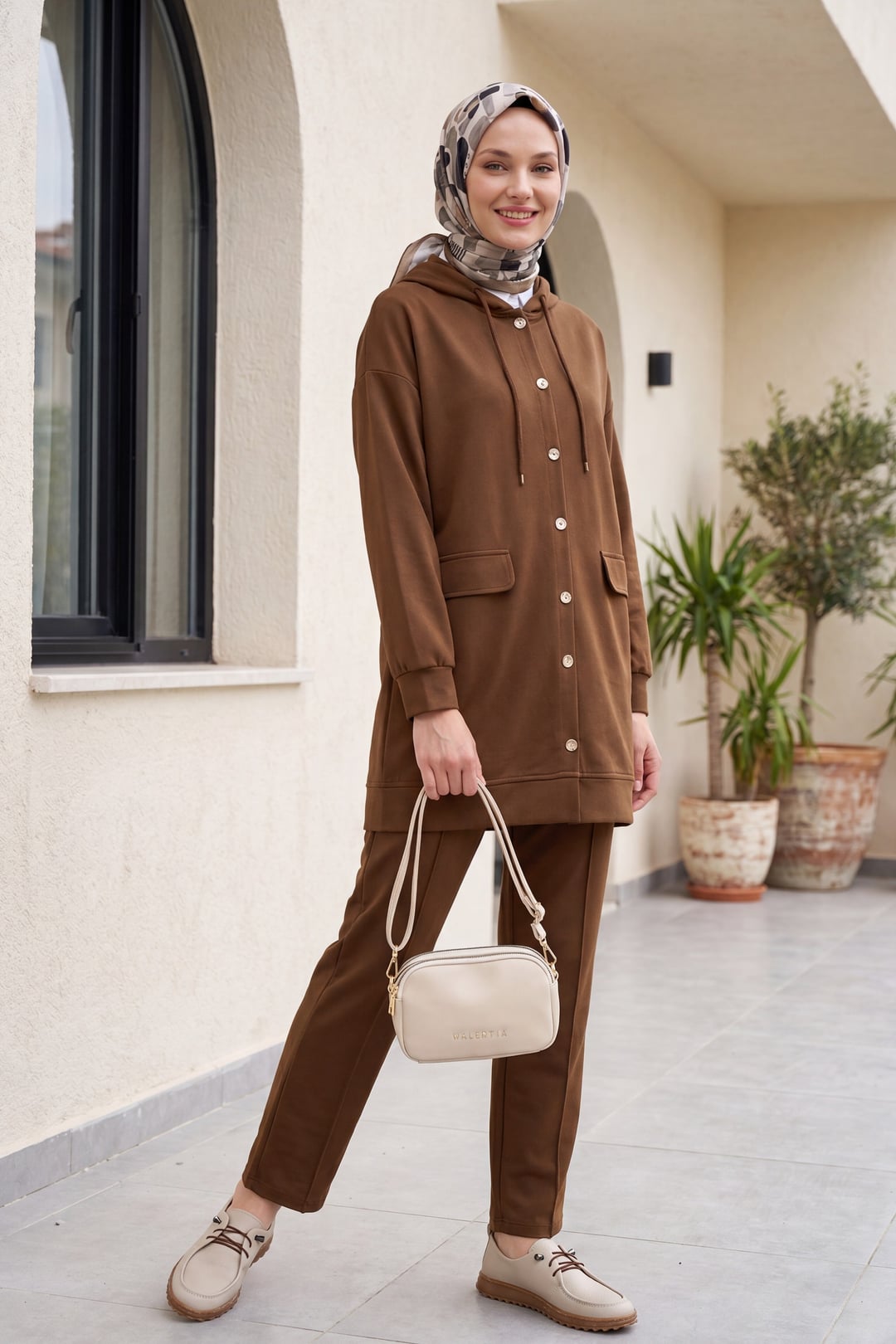 Hooded Button-Front Pocket Lounge Set - Tan - Podyumplus - by Peralane - photo 3