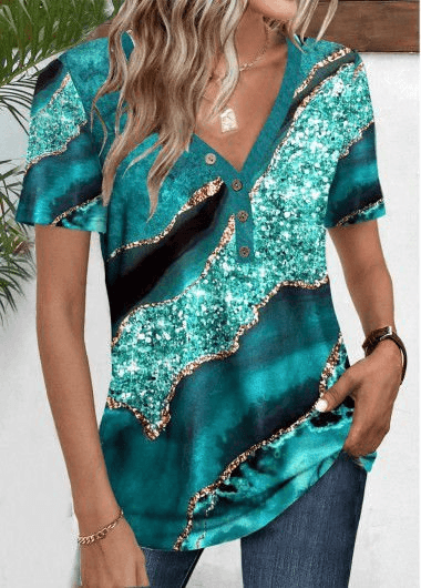 Women's Short-Sleeve V-Neck Printed Suprem Blouse with Front Buttons - Janes - by Peralane