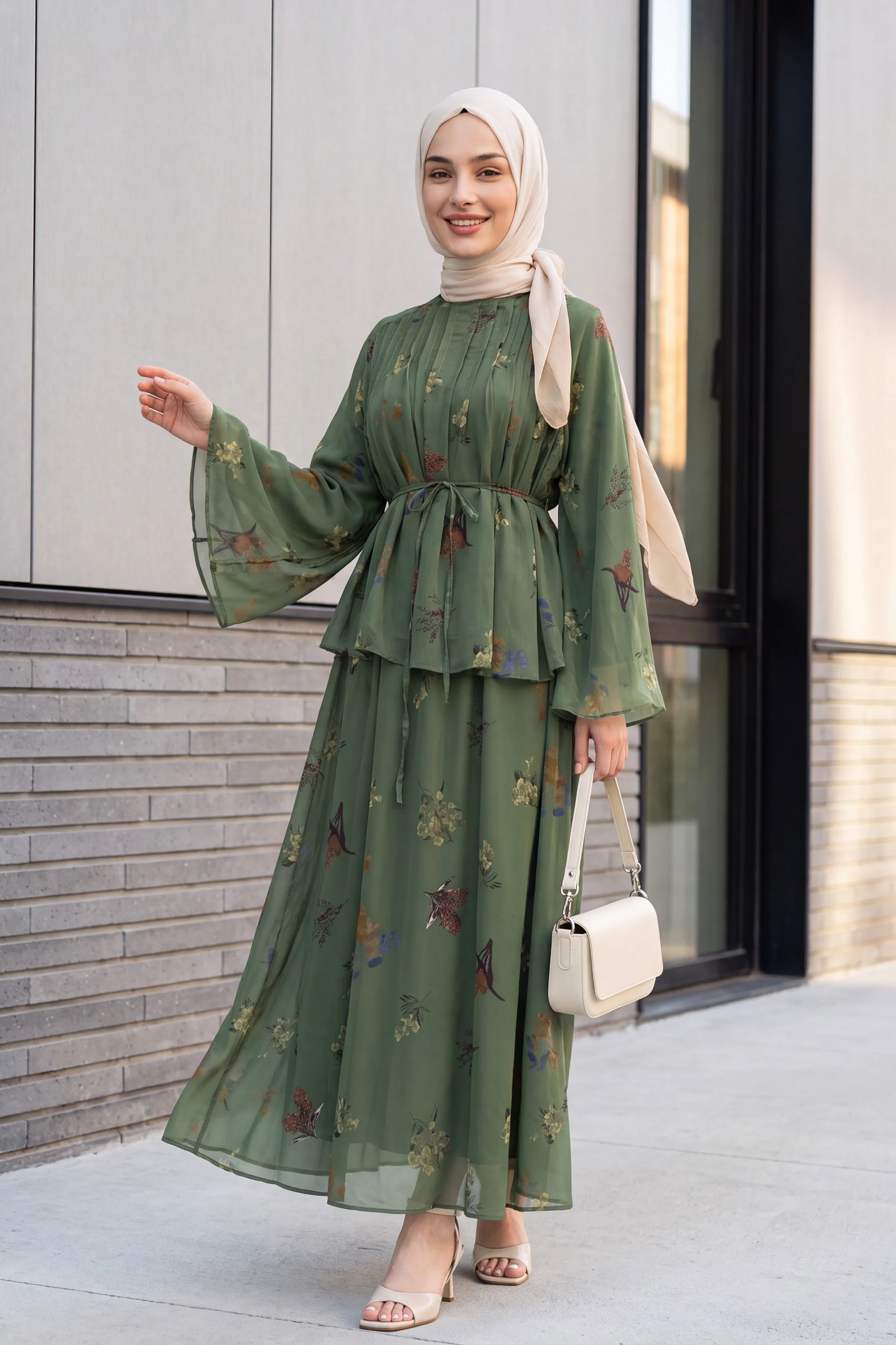 Women's Floral Print Chiffon Co-ord Set with Long Skirt - Olive Green - Podyumplus - by Peralane - photo 4