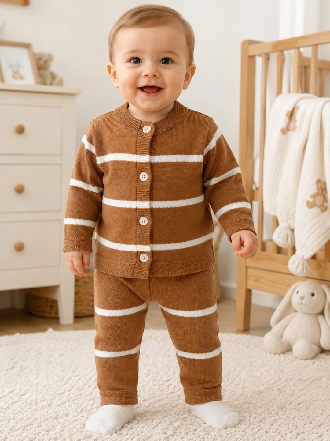 Baby Knit Cardigan and Trousers Set in Brown with White Stripes - Has Bereket - by Peralane