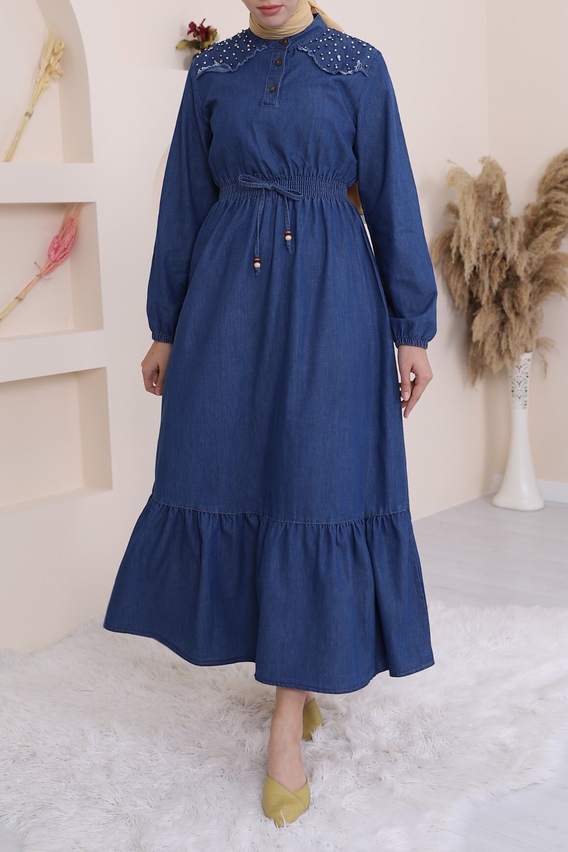 Long Sleeve Denim Dress with Pearl Shoulder Detail and Drawstring Waist - Indigo - Podyumplus - by Peralane - photo 2