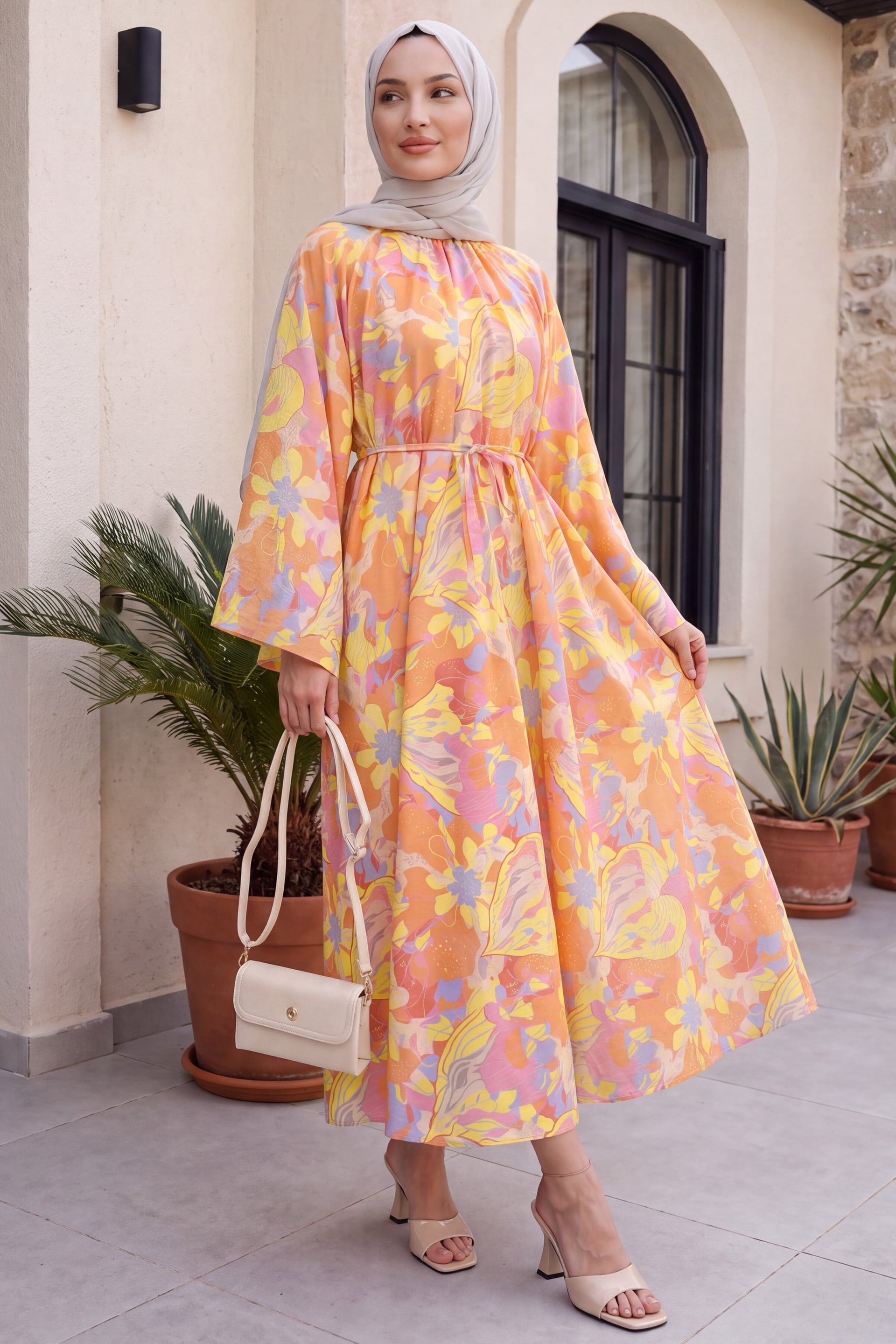 High Neck Belted Patterned Polyviscose Dress - Orange - Podyumplus - by Peralane - photo 2