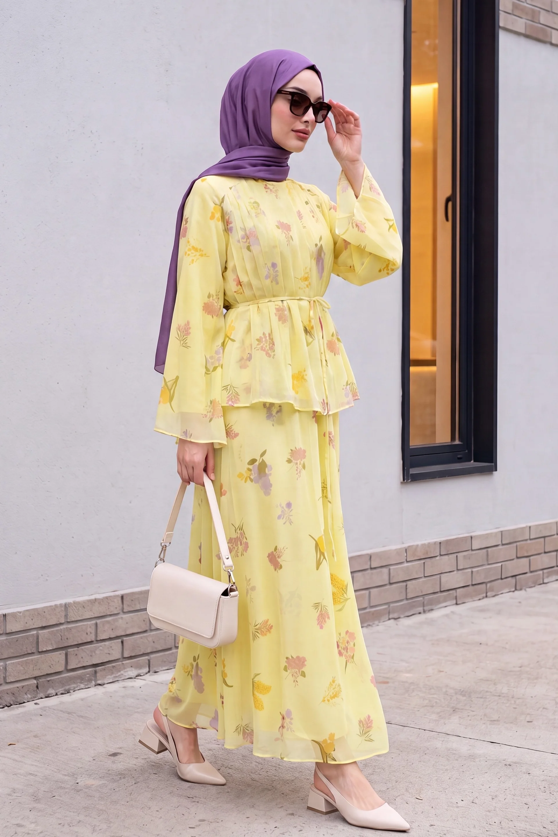 Floral Print Belted Chiffon Dress Set with Scarf - Yellow - Podyumplus - by Peralane - photo 3