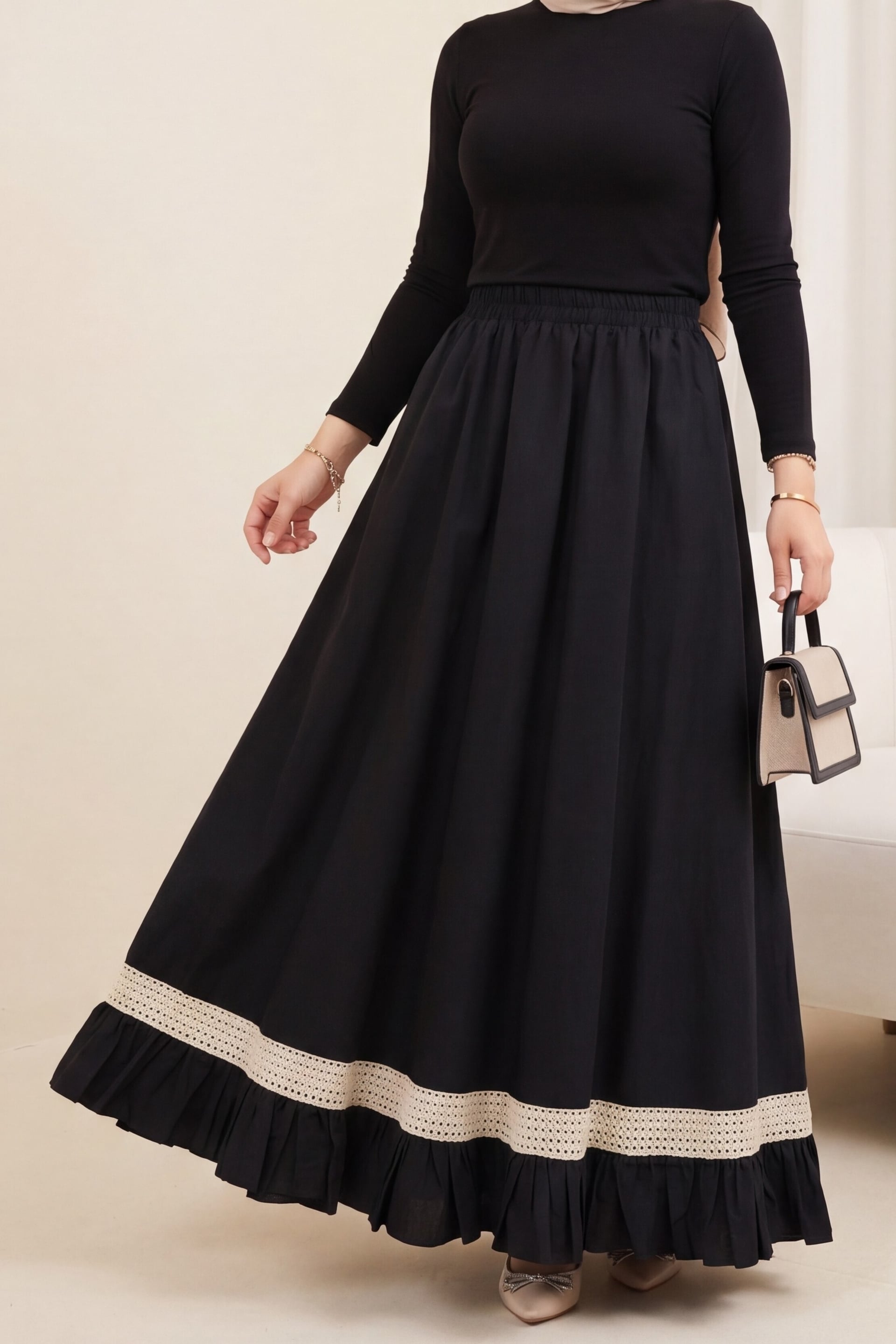 Elastic Waist Lace Trim Ruffle Voile Skirt - Black - Podyumplus - by Peralane - photo 3