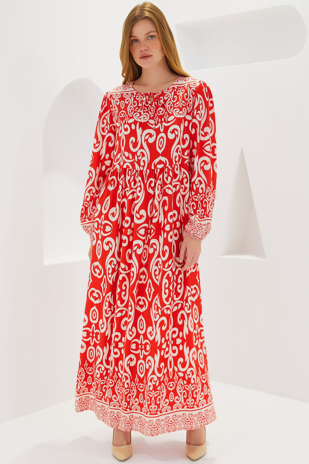 Women's Red Patterned Long Viscose Dress - Bigdart - by Peralane - photo 4