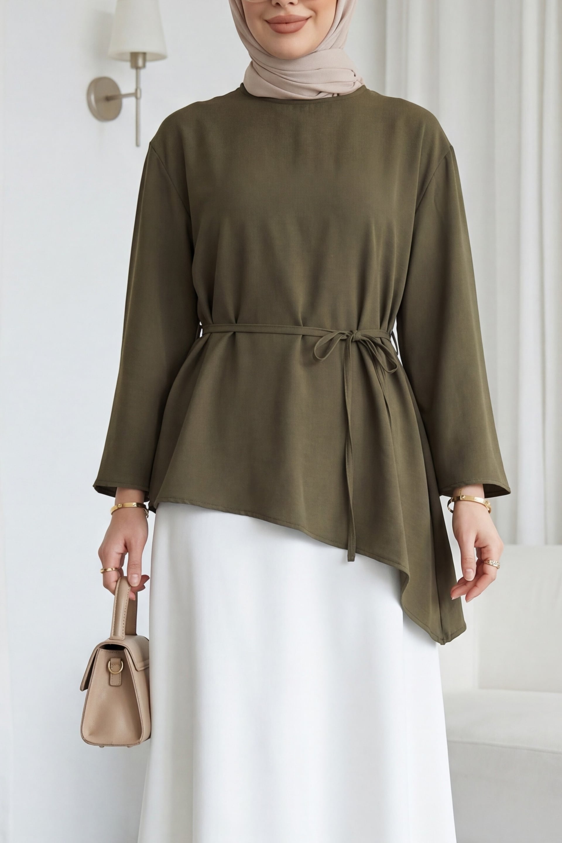 Asymmetric Cut Belted Oversize Modal Tunic - Olive Green - Podyumplus - by Peralane