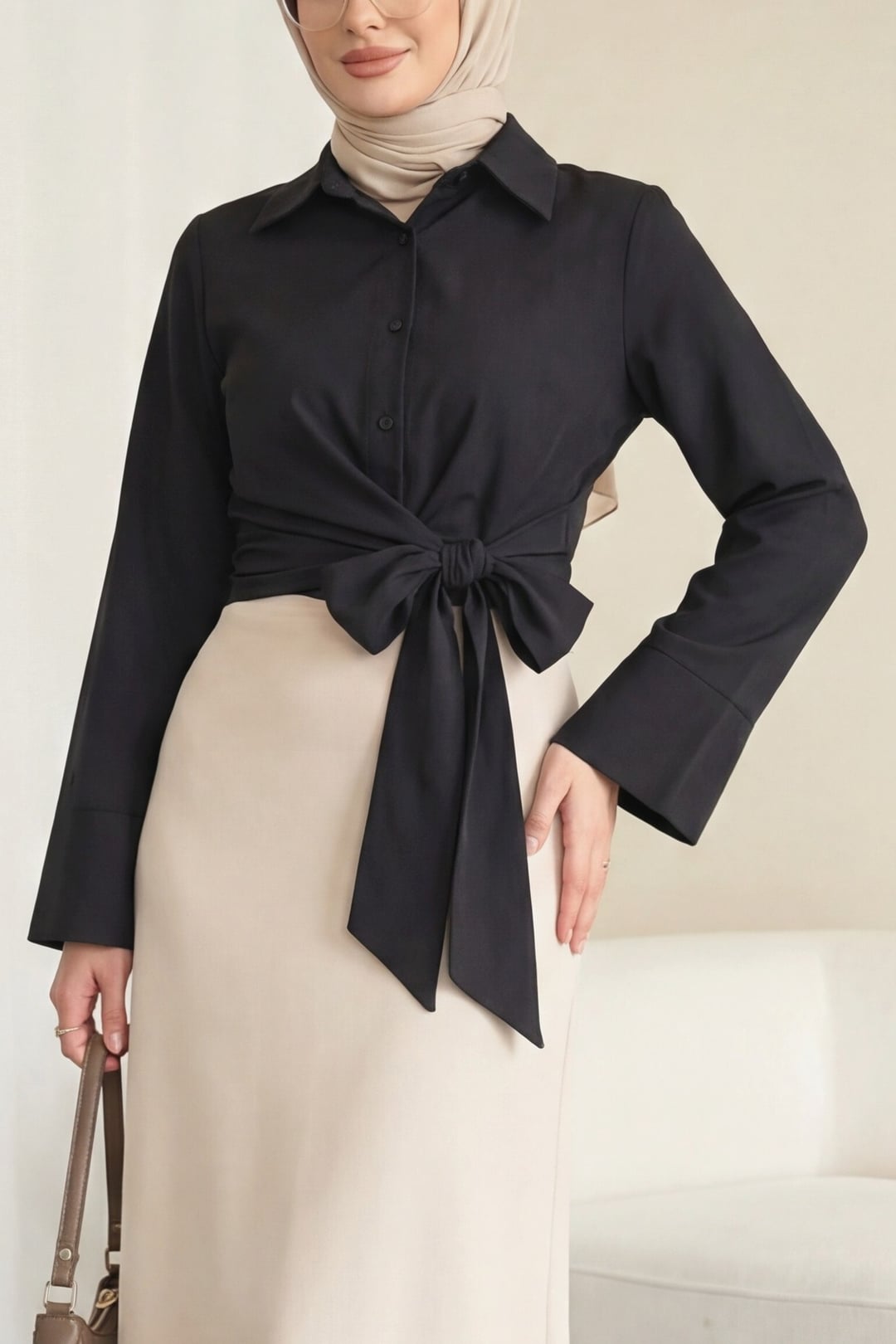Black Tie-Waist Spanish Sleeve Poplin Blouse - Podyumplus - by Peralane