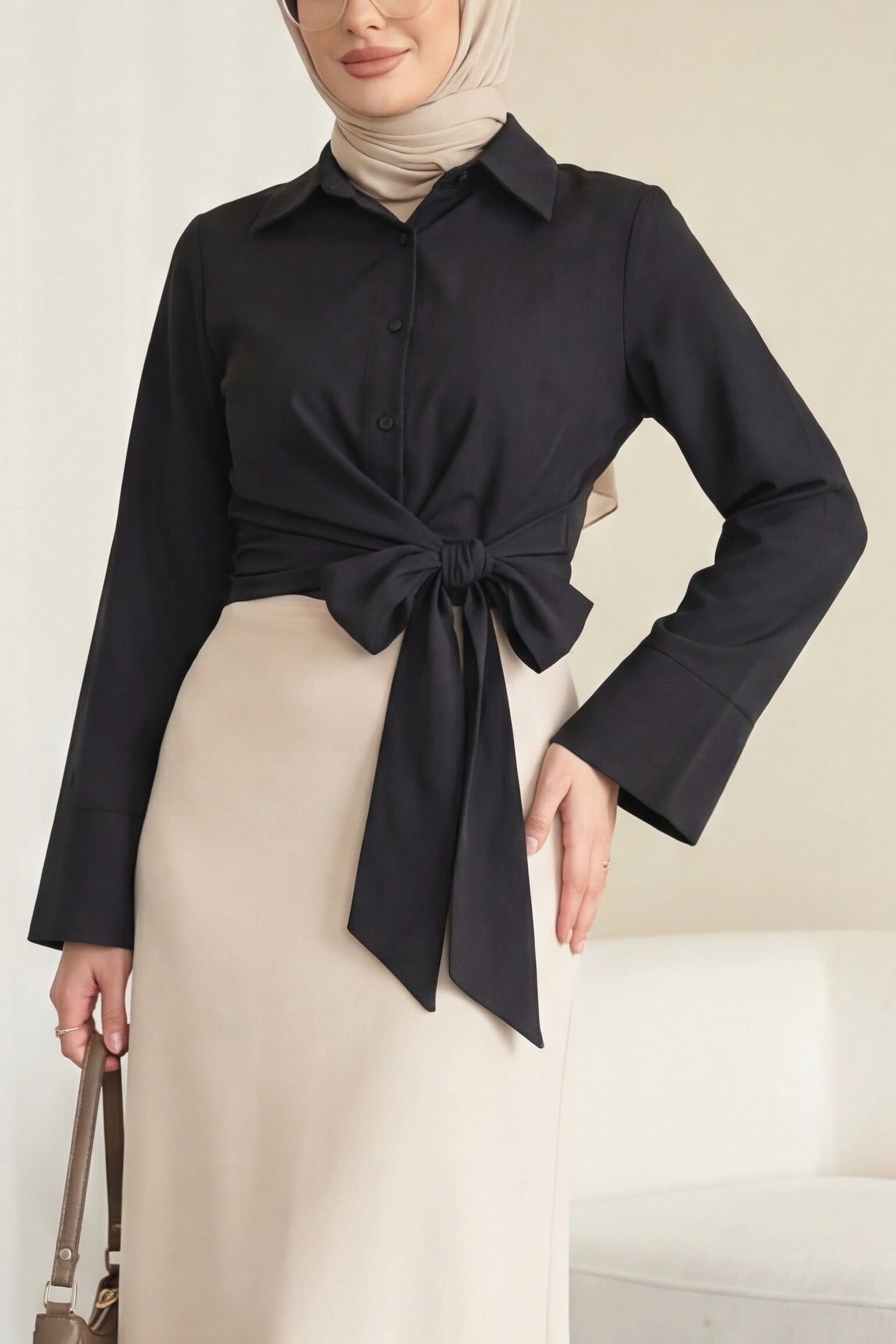 Black Tie-Waist Spanish Sleeve Poplin Blouse - Podyumplus - by Peralane