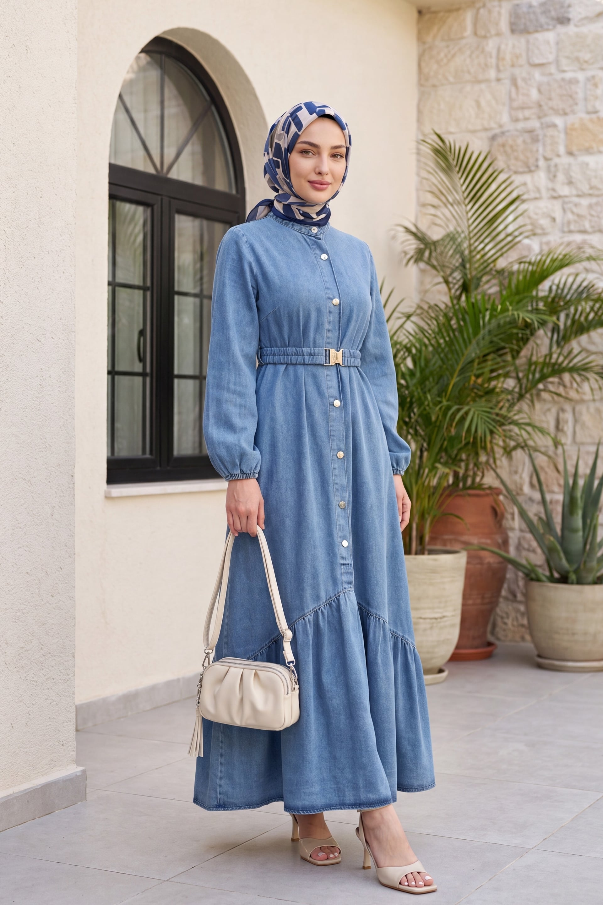 Buttoned Long Denim Dress with Elastic Belt - Ice Blue - Podyumplus - by Peralane