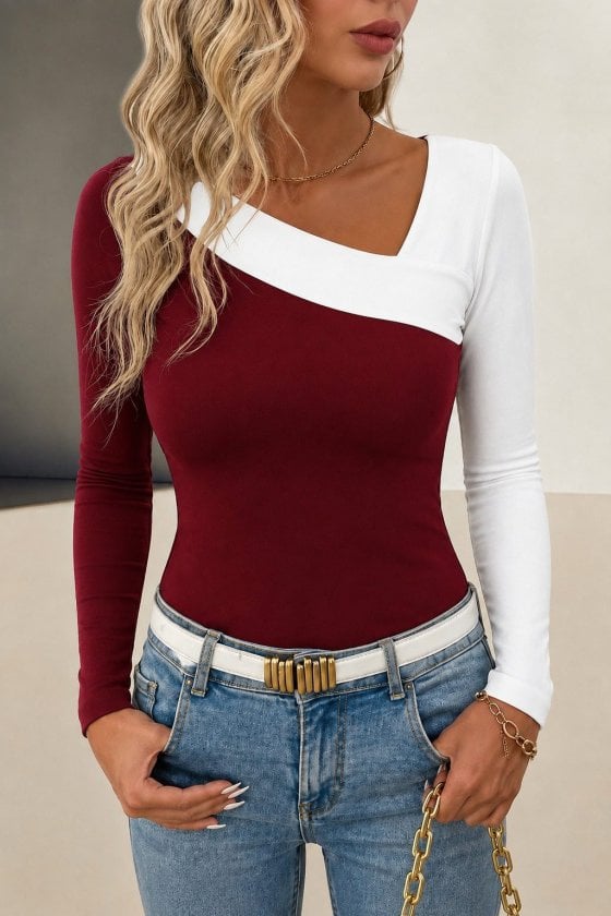 Women's Long Sleeve Asymmetric Neck Two-Tone Viscose Blouse - Janes - by Peralane