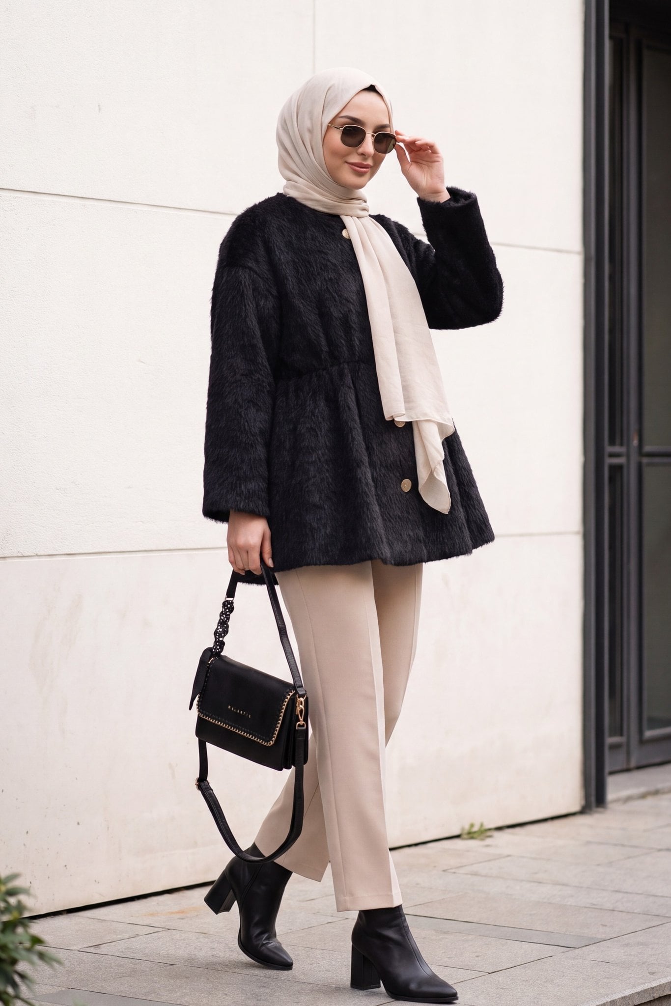 Black Faux Fur Peplum Jacket with Drawstring Waist - Podyumplus - by Peralane - photo 5