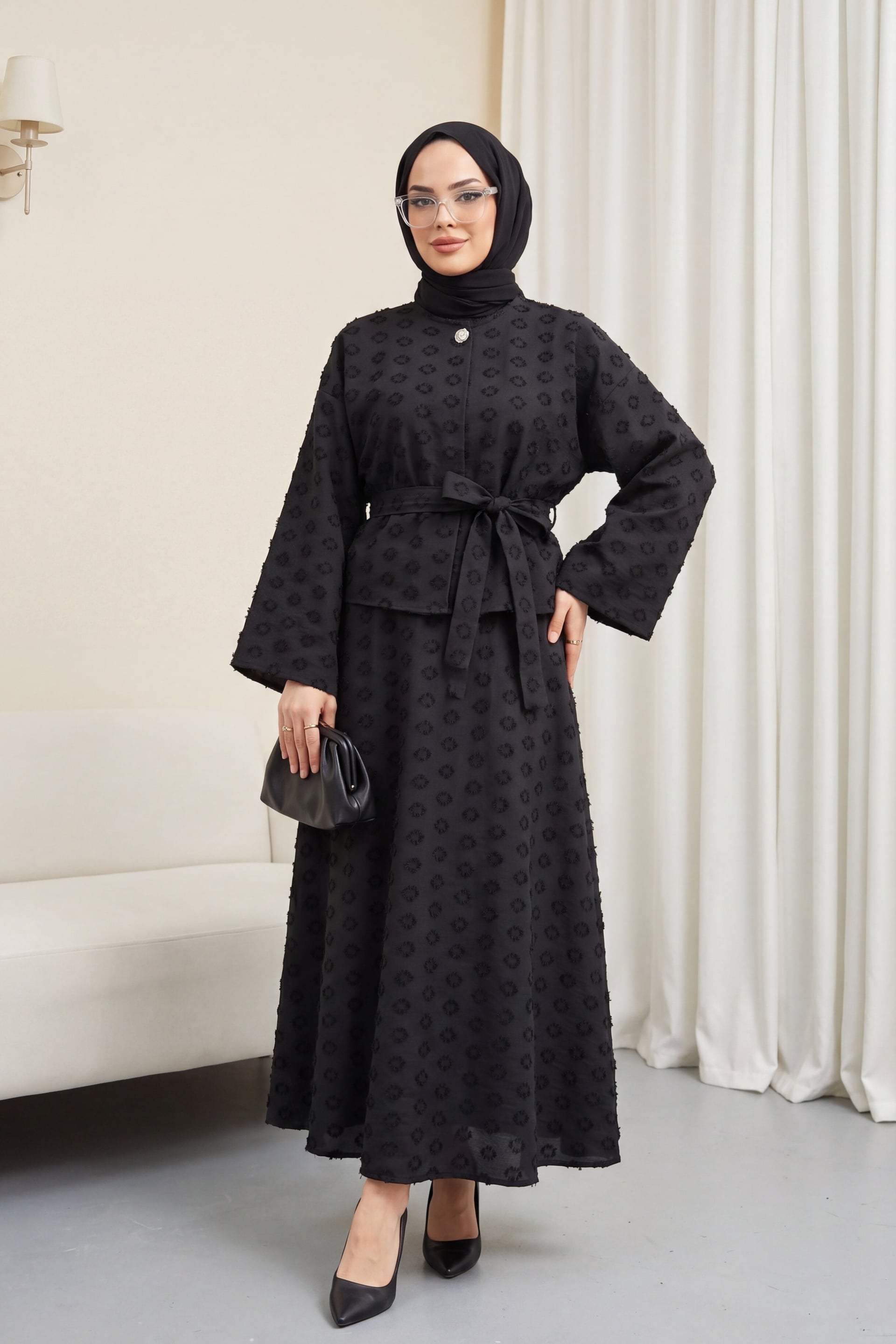 Women's Black Jacquard Two-Piece Set: Long-Sleeve Jacket and Maxi Skirt - Podyumplus - by Peralane