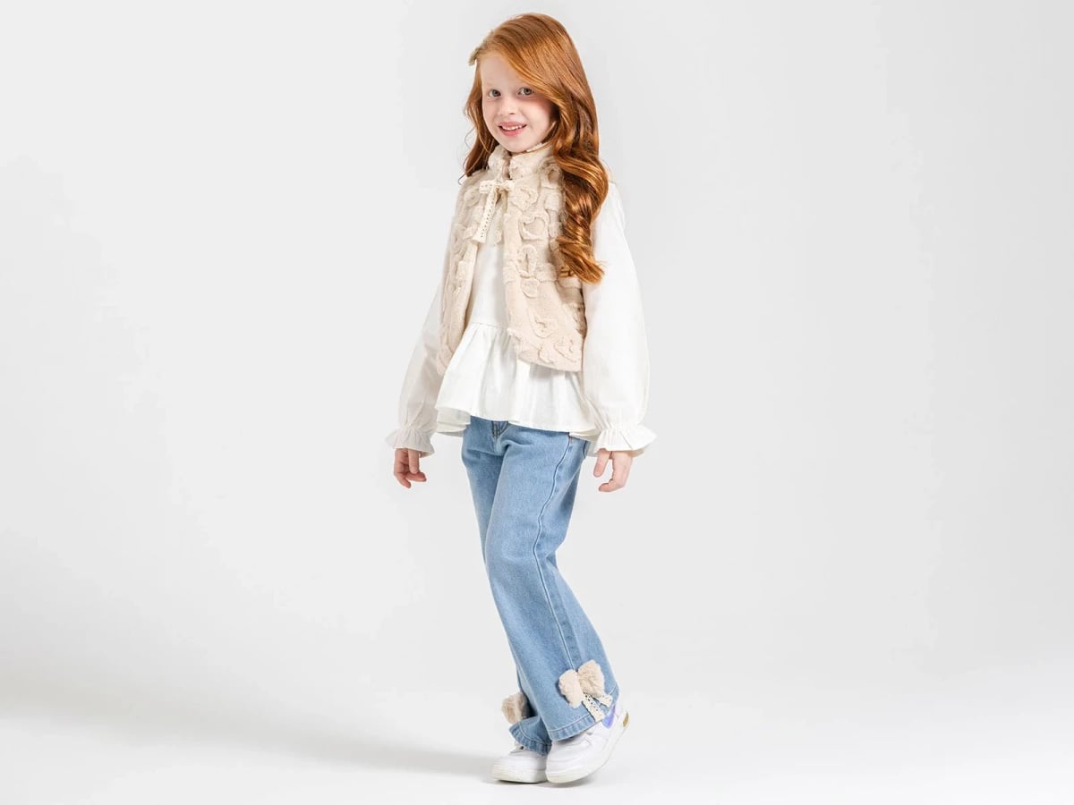 Floral Detail Plush Vest Girls' Three-Piece Set - Ecolkiz - by Peralane