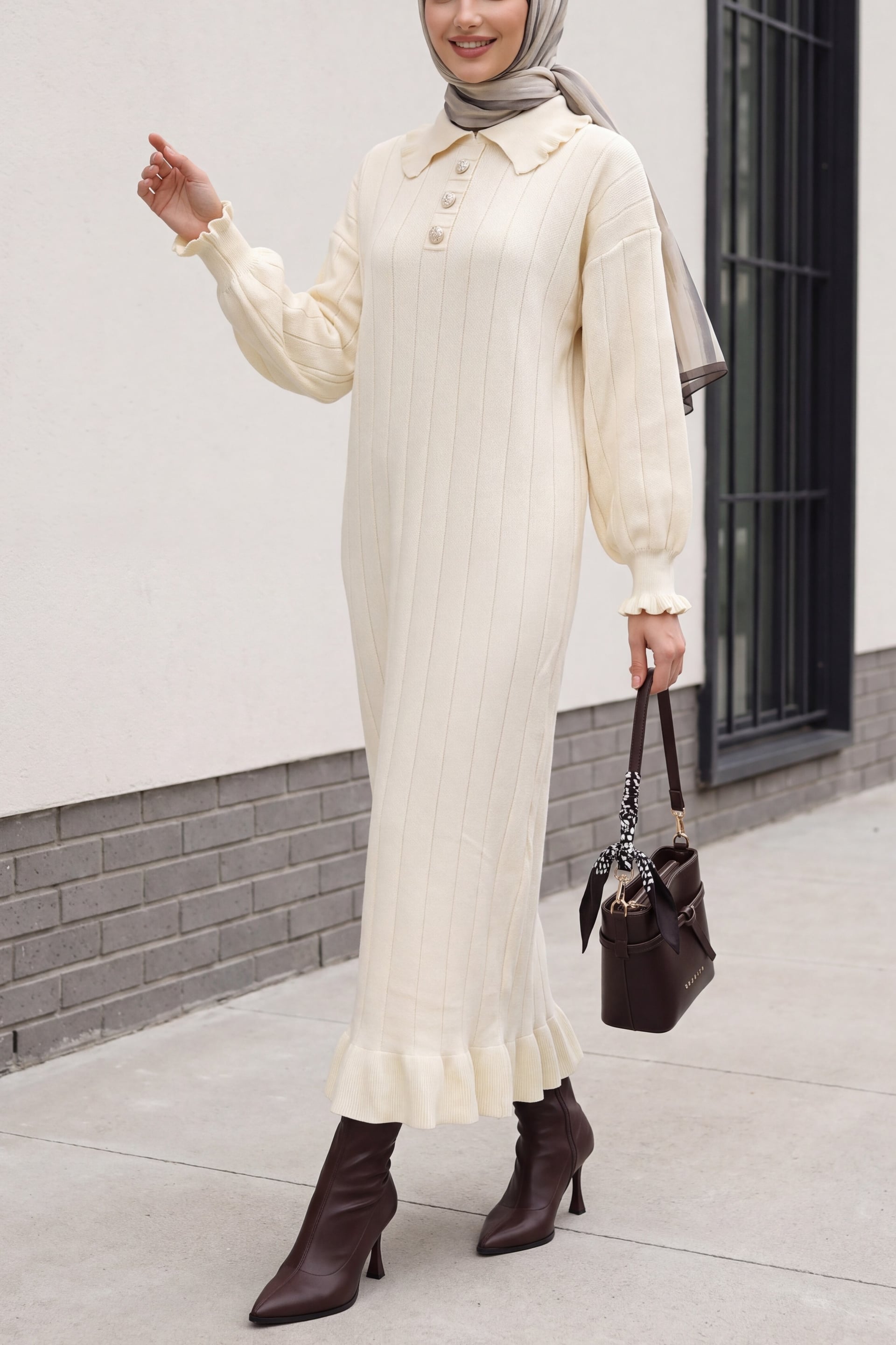 Cream Ruffled Collar and Hem Button Detail Knit Dress - Podyumplus - by Peralane