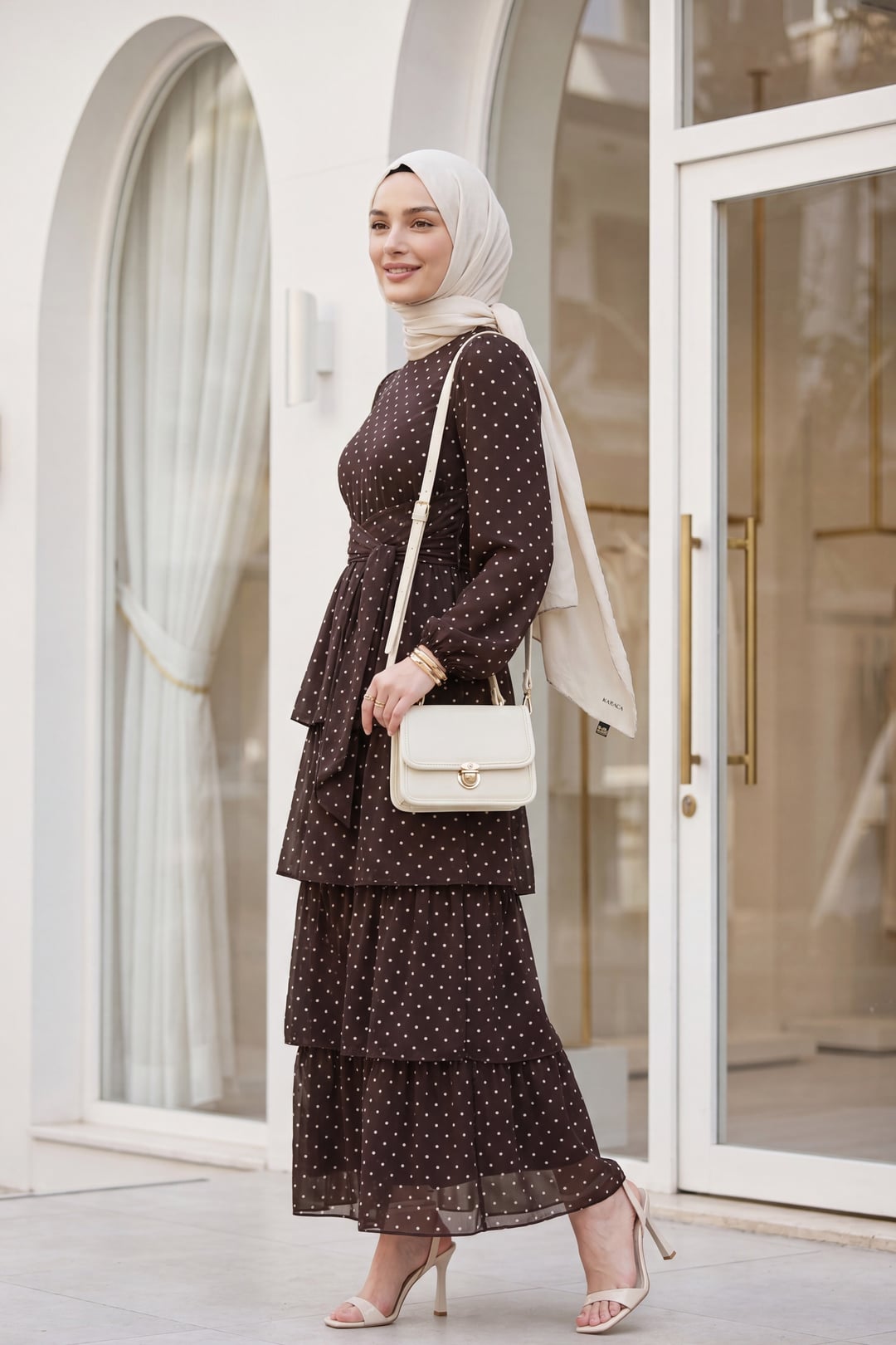 Cross-Tie Tiered Polka Dot Chiffon Dress - Brown - Podyumplus - by Peralane - photo 3
