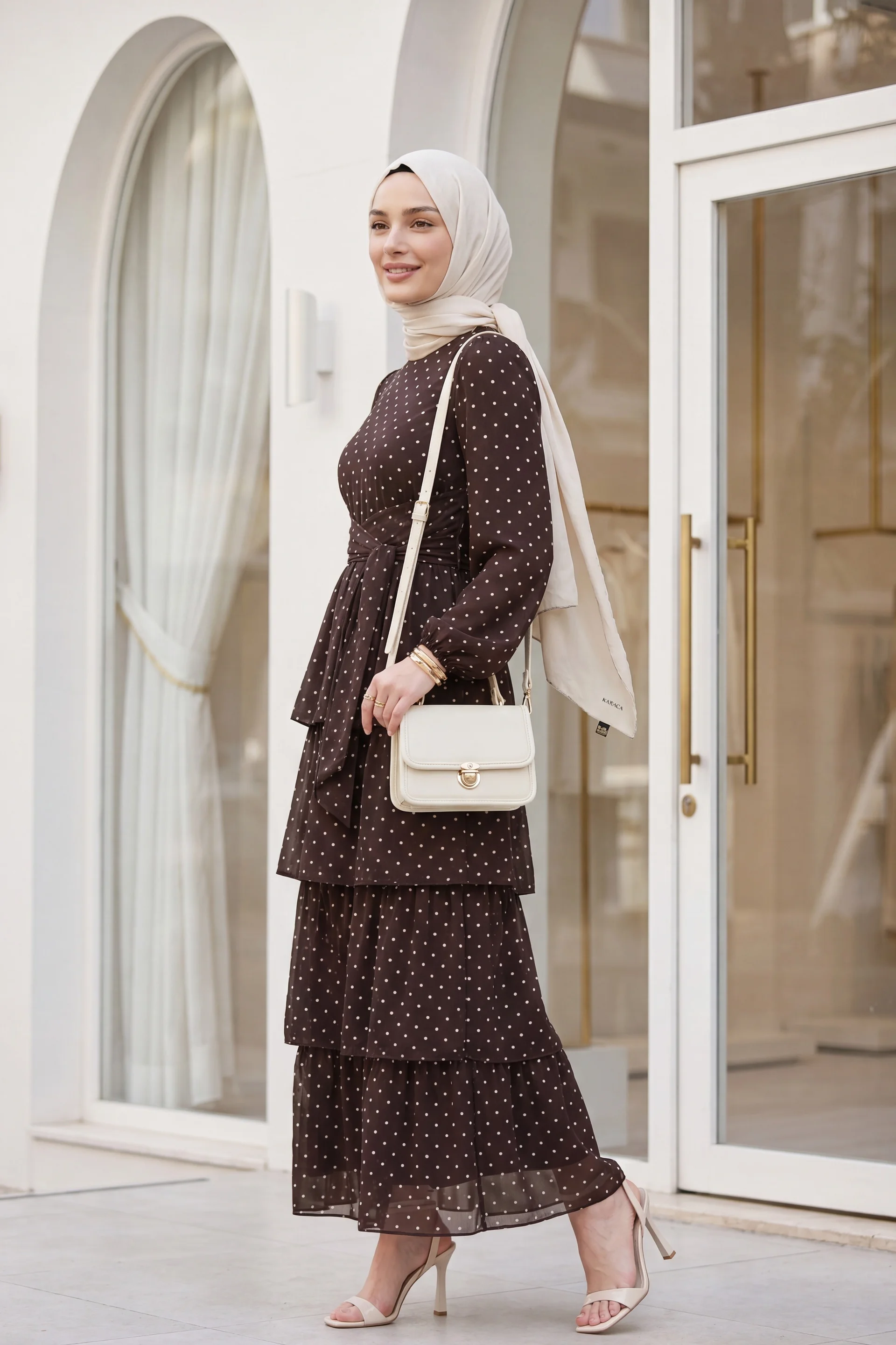 Cross-Tie Tiered Polka Dot Chiffon Dress - Brown - Podyumplus - by Peralane - photo 3