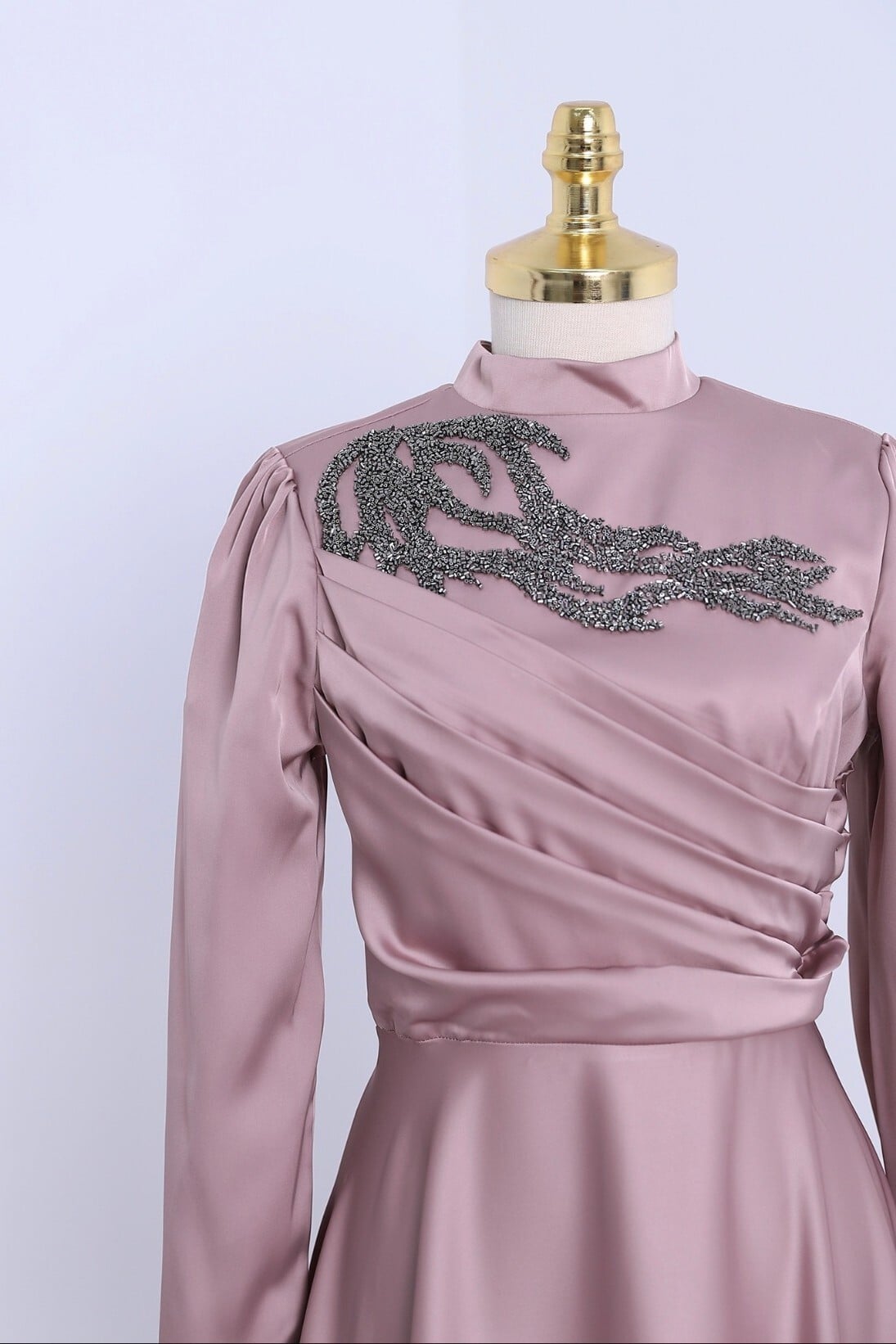 Beaded High Neck Draped Satin Evening Dress - Dusty Rose - Podyumplus - by Peralane - photo 3