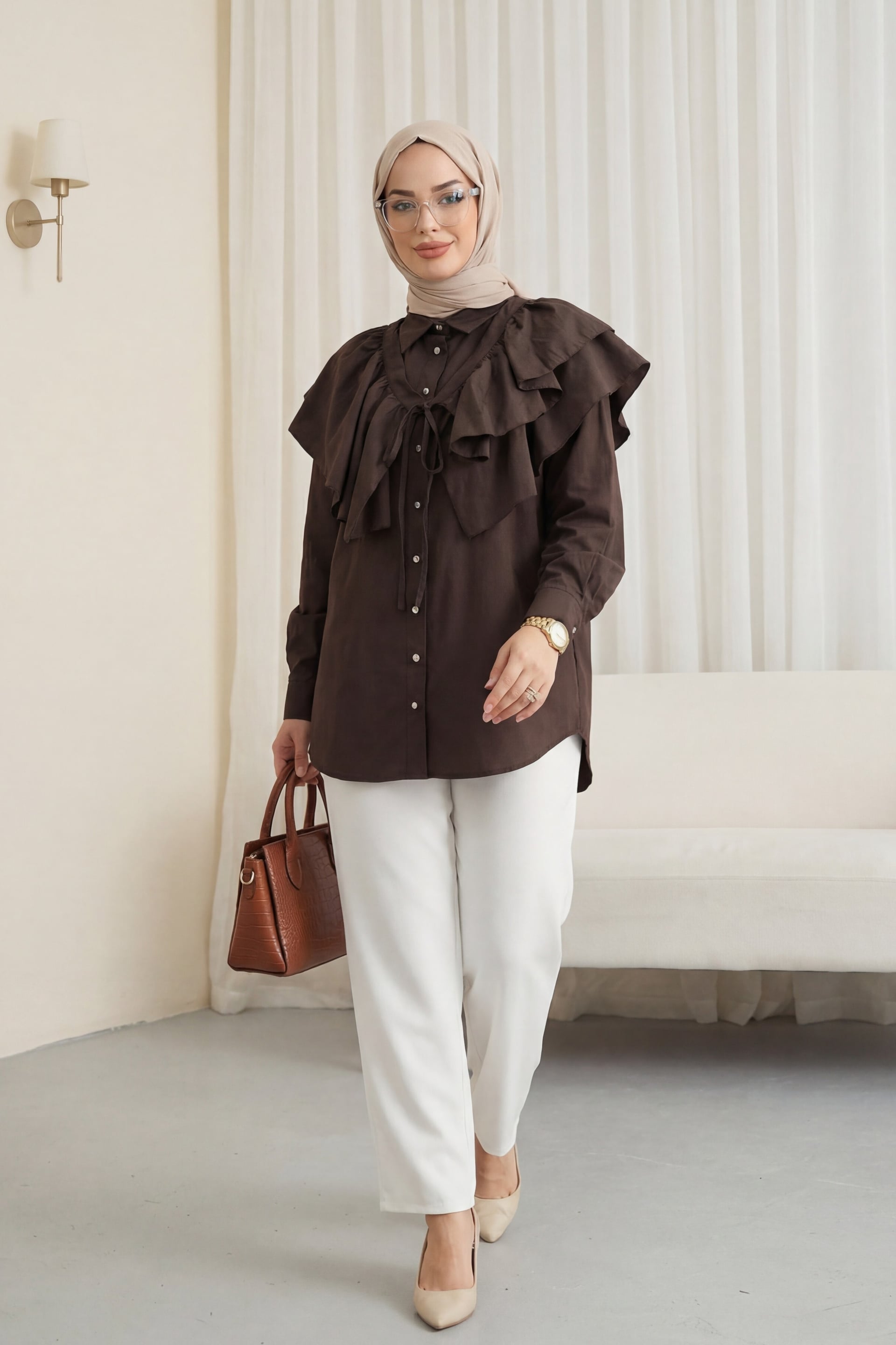 Women's Poplin Tunic with Cape Detail and Button Front - Dark Brown - Podyumplus - by Peralane - photo 6