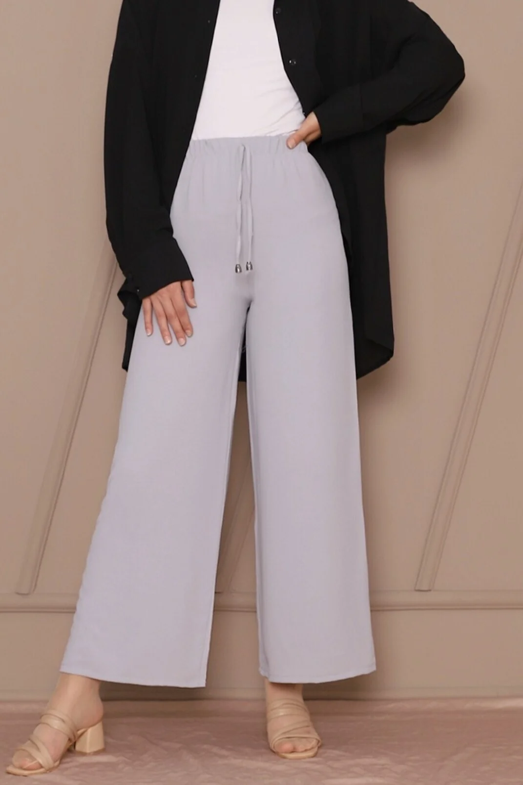 Drawstring Wide-Leg Elastic Waist Trousers - Grey - Podyumplus - by Peralane - photo 5