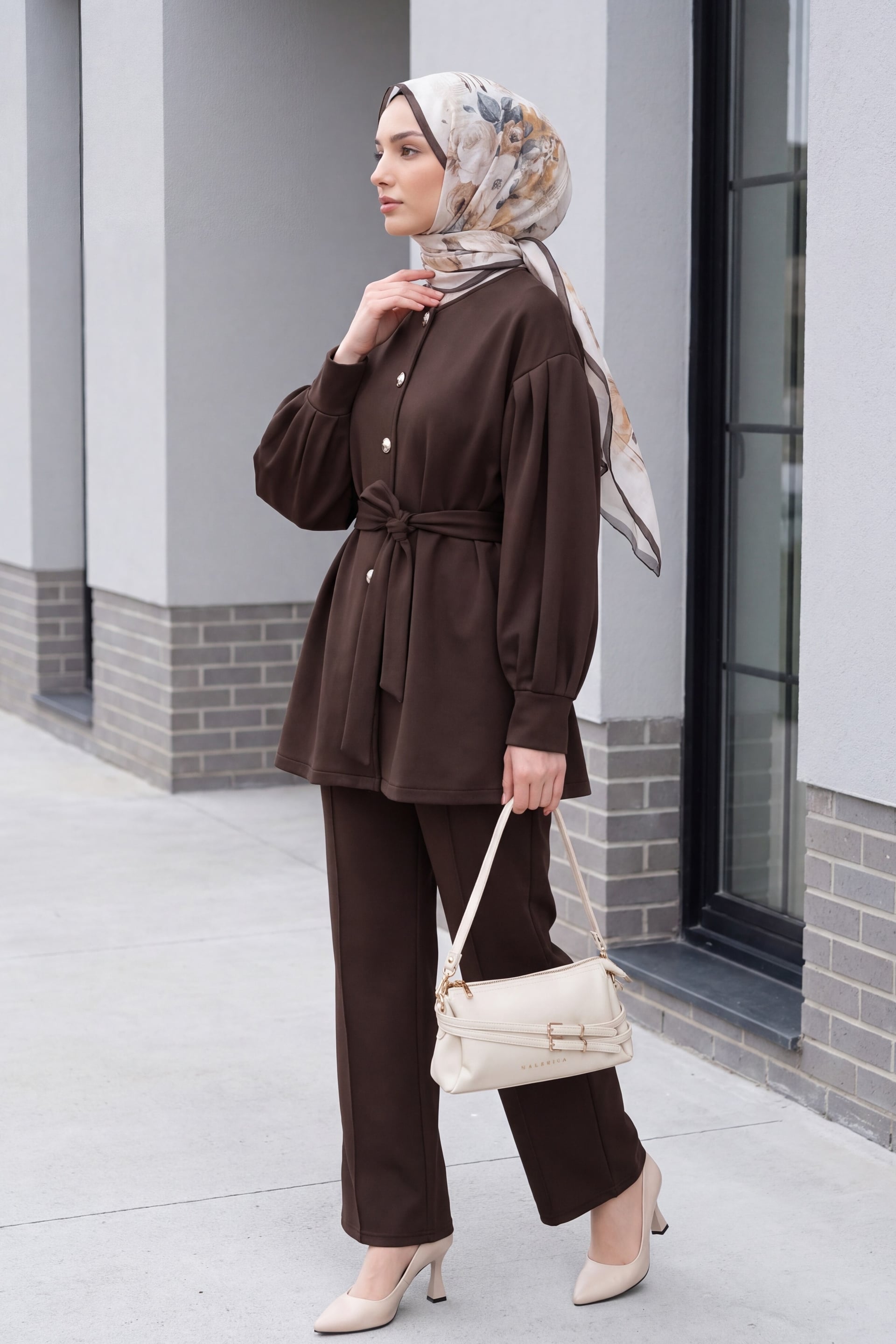 Belted Button-Front Scuba Tunic and Wide-Leg Trousers Set - Brown - Podyumplus - by Peralane - photo 2