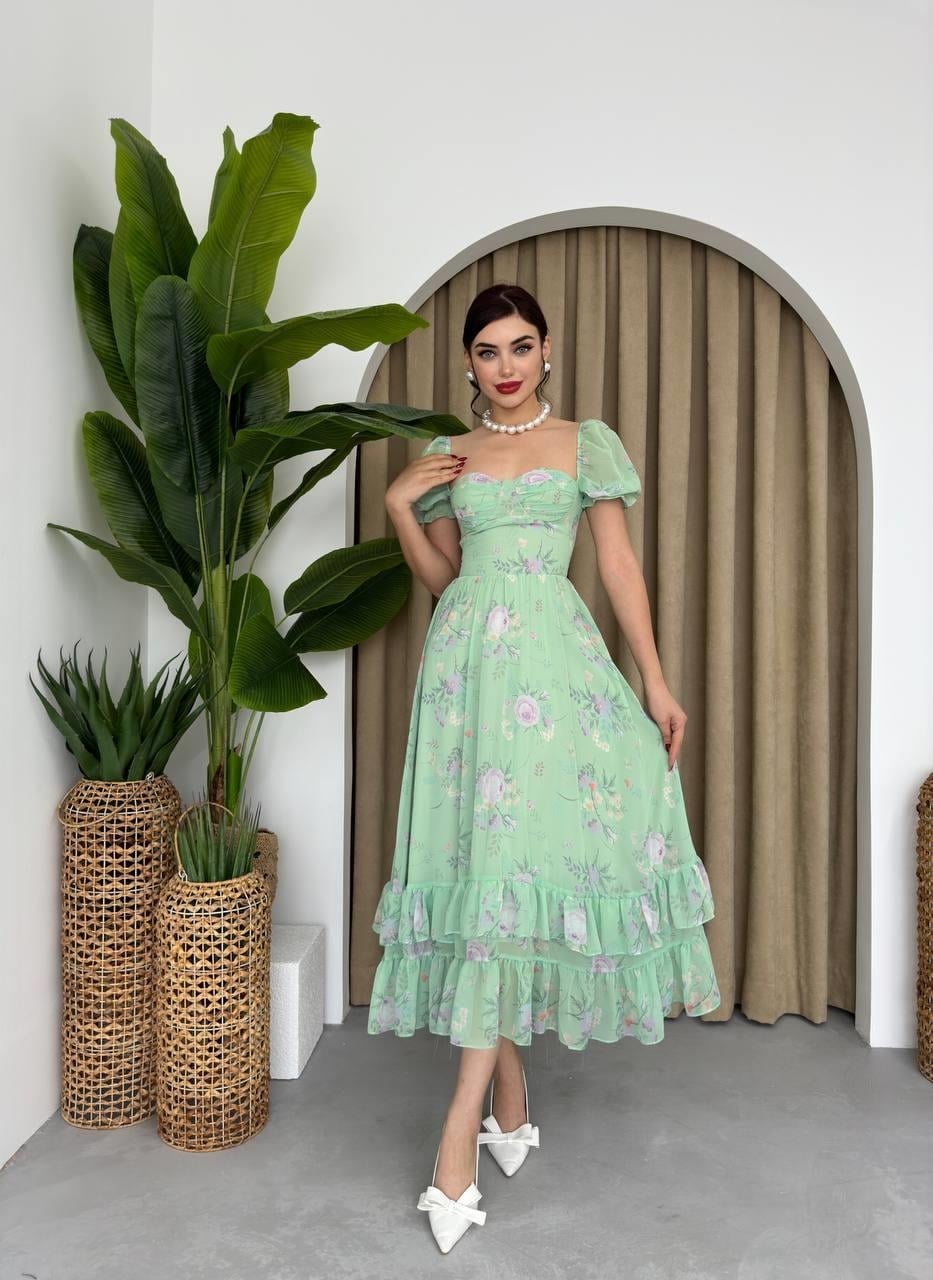 Light Green Floral Print Chiffon Dress with Sweetheart Neckline - Etika - by Peralane - photo 3