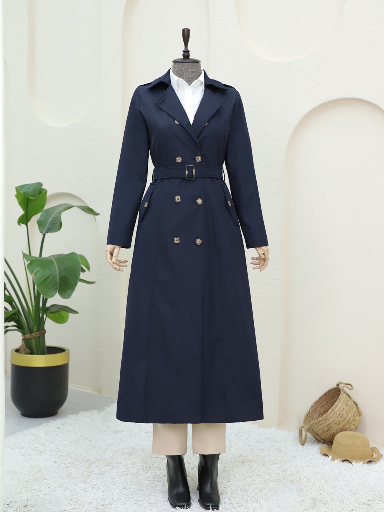 Double-Breasted Belted Trench Coat - Navy - Podyumplus - by Peralane - photo 9
