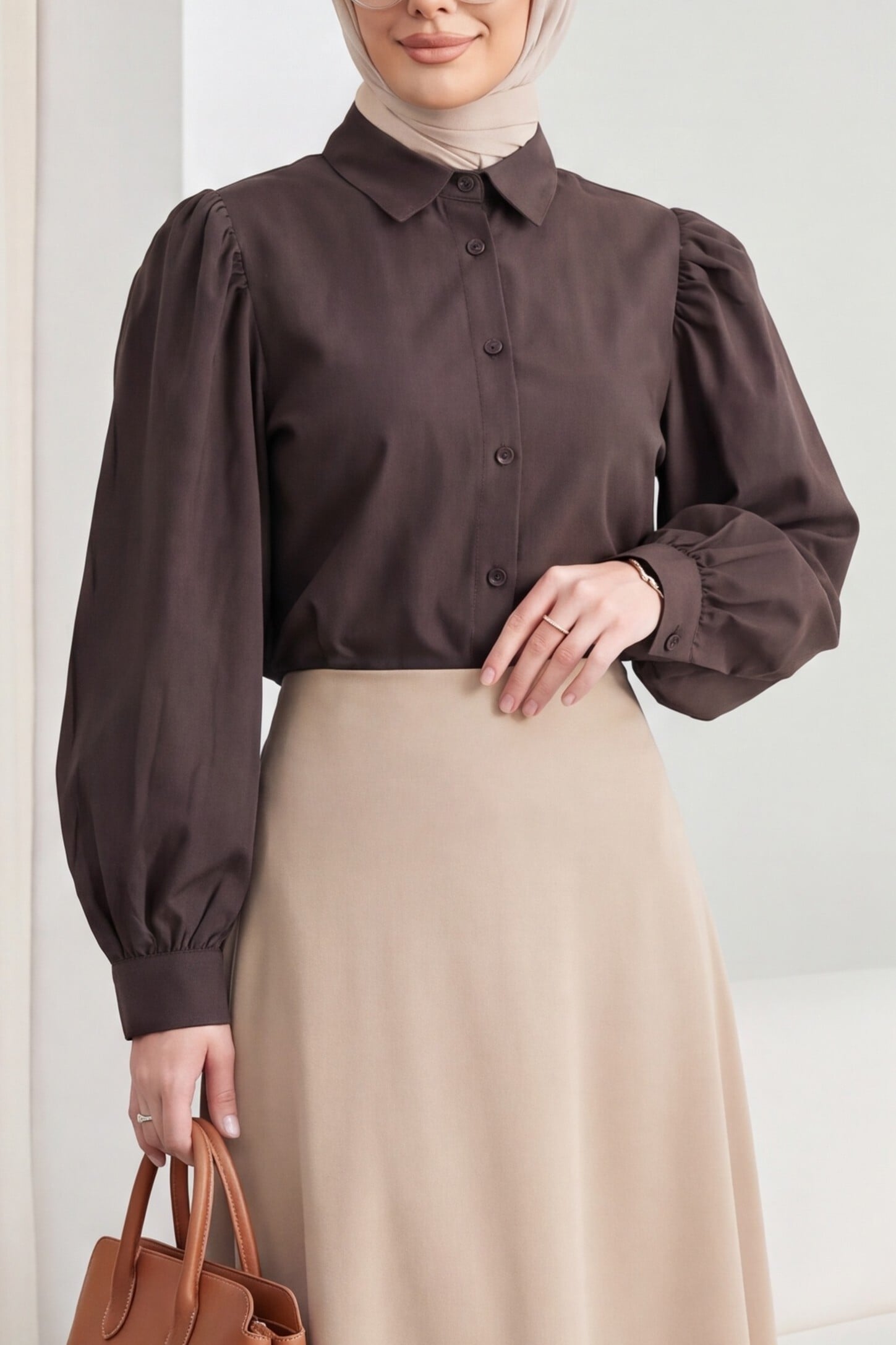 Balloon Sleeve Buttoned Short Poplin Shirt - Dark Brown - Podyumplus - by Peralane