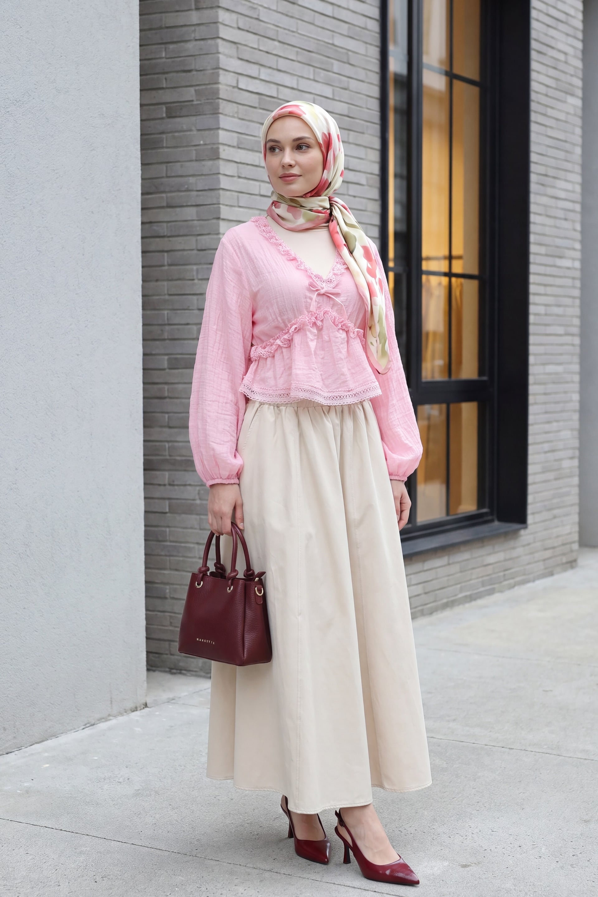 Pink Balloon Sleeve Lace Detail Ruched Viscose Blouse - Podyumplus - by Peralane - photo 6