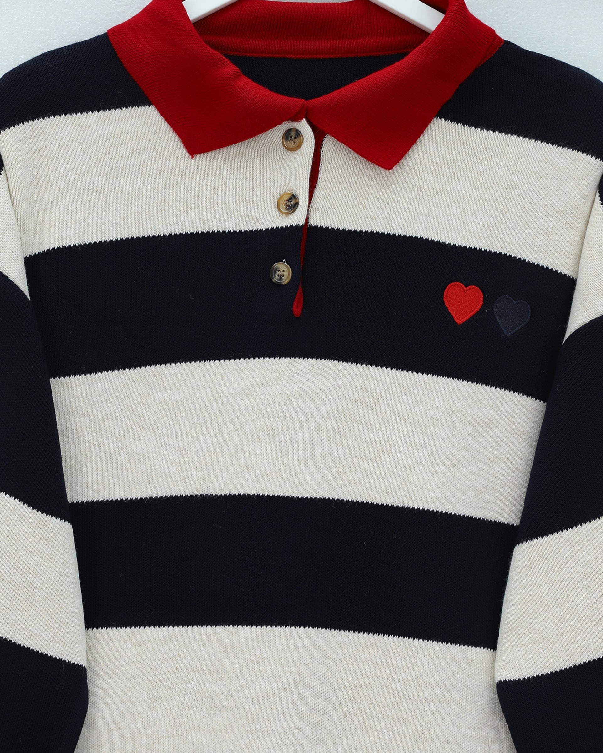 Navy Striped Heart Embroidered Knit Tunic with Shirt Collar - Podyumplus - by Peralane - photo 6