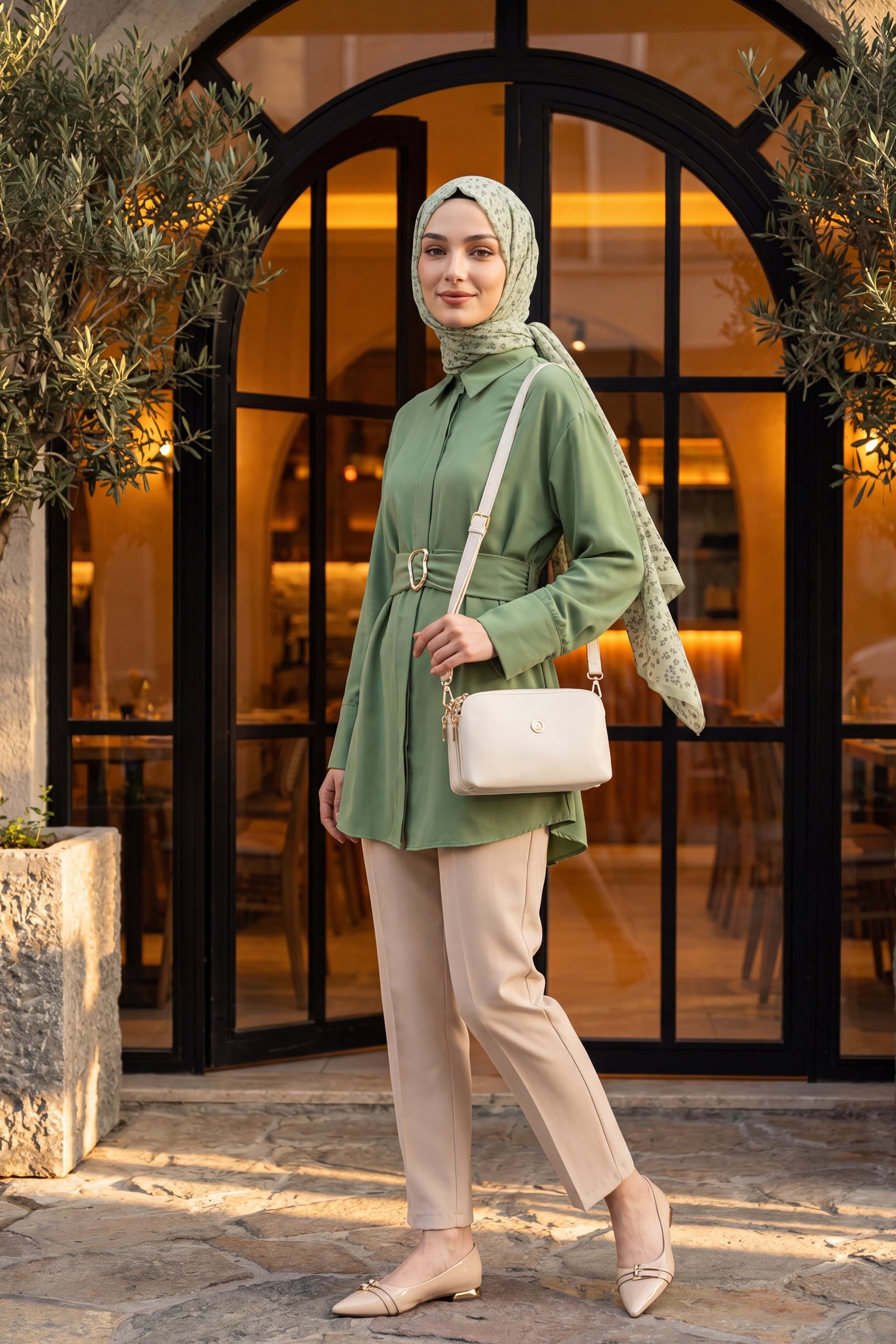 High-Waist Tailored Trousers with Thick Belt - Cream - Podyumplus - by Peralane - photo 5