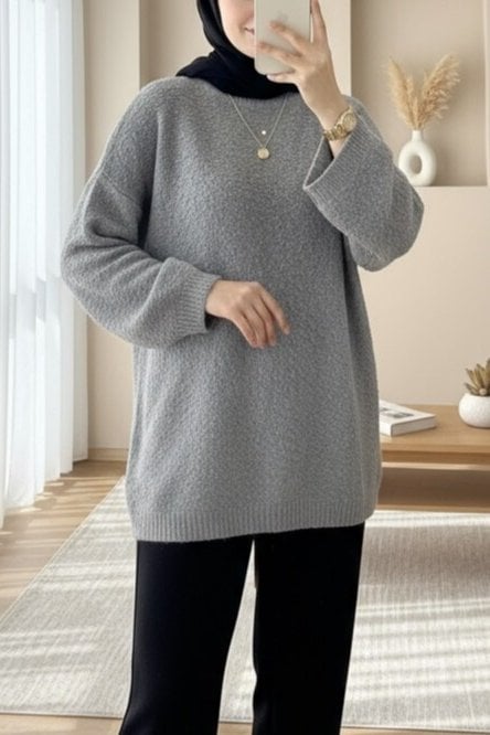 Pom-Pom Textured Relaxed Knit Sweater - Grey - Podyumplus - by Peralane